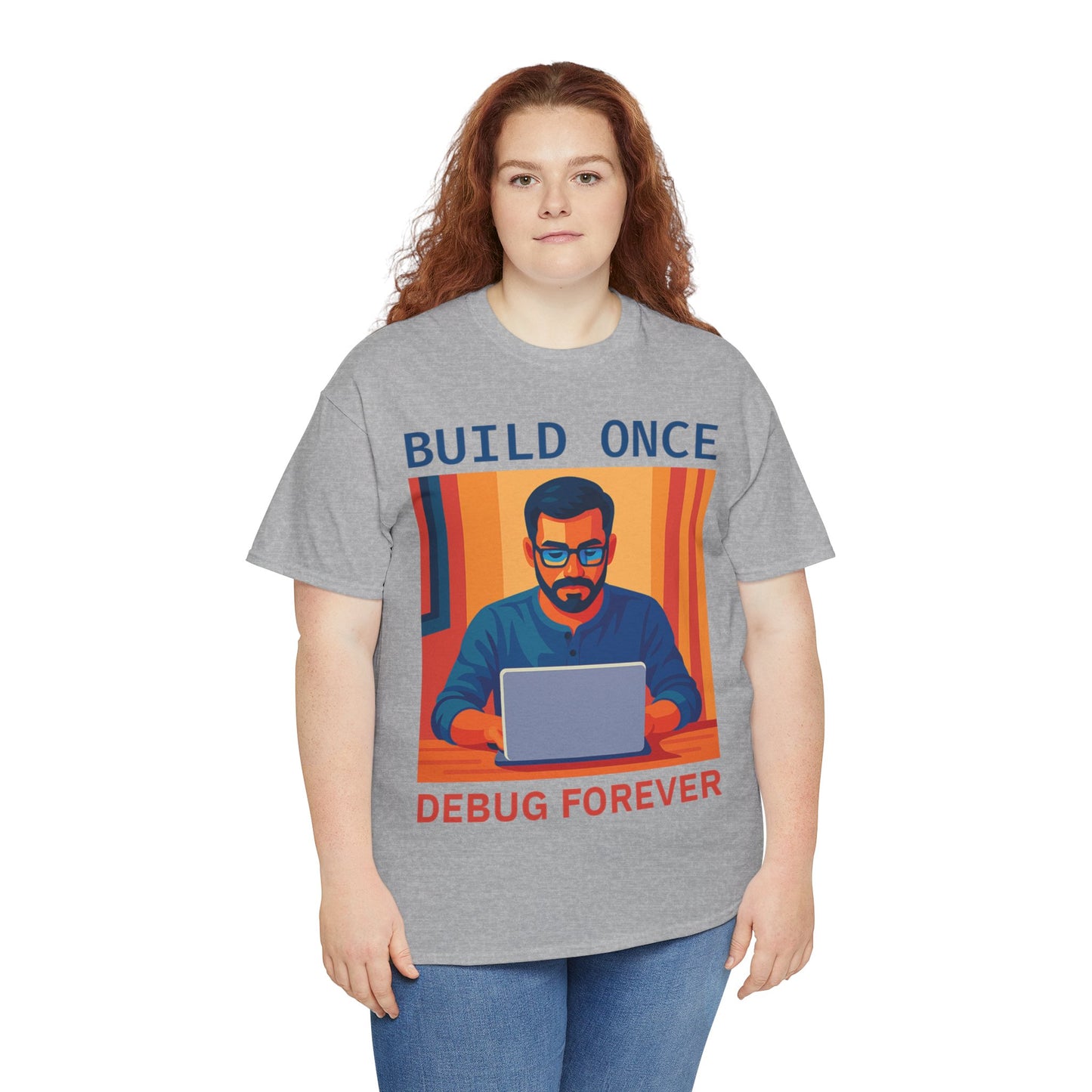Tech Humor Unisex Heavy Cotton Tee, Geeky Shirt for Programmers, Funny Gift for Developers, Coding Enthusiast Apparel, Debug Forever Design