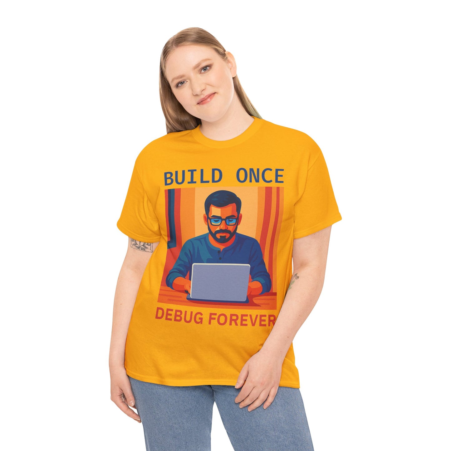 Tech Humor Unisex Heavy Cotton Tee, Geeky Shirt for Programmers, Funny Gift for Developers, Coding Enthusiast Apparel, Debug Forever Design