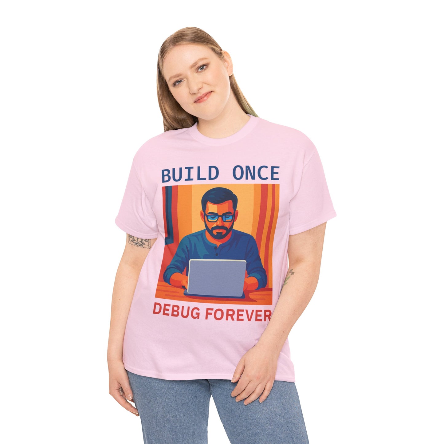 Tech Humor Unisex Heavy Cotton Tee, Geeky Shirt for Programmers, Funny Gift for Developers, Coding Enthusiast Apparel, Debug Forever Design