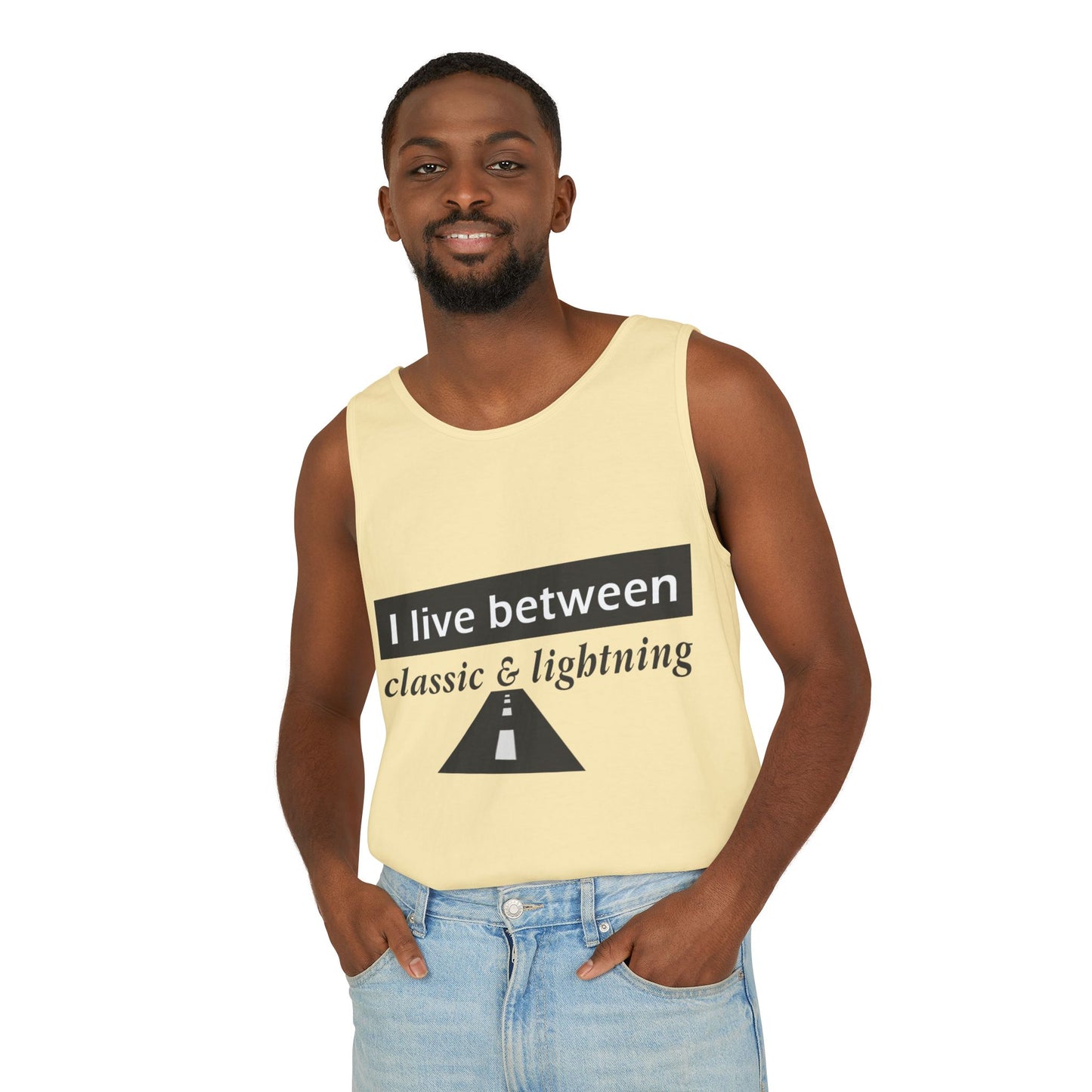Unisex Graphic Tank Top - 'I Live Between Classic & Lightning'