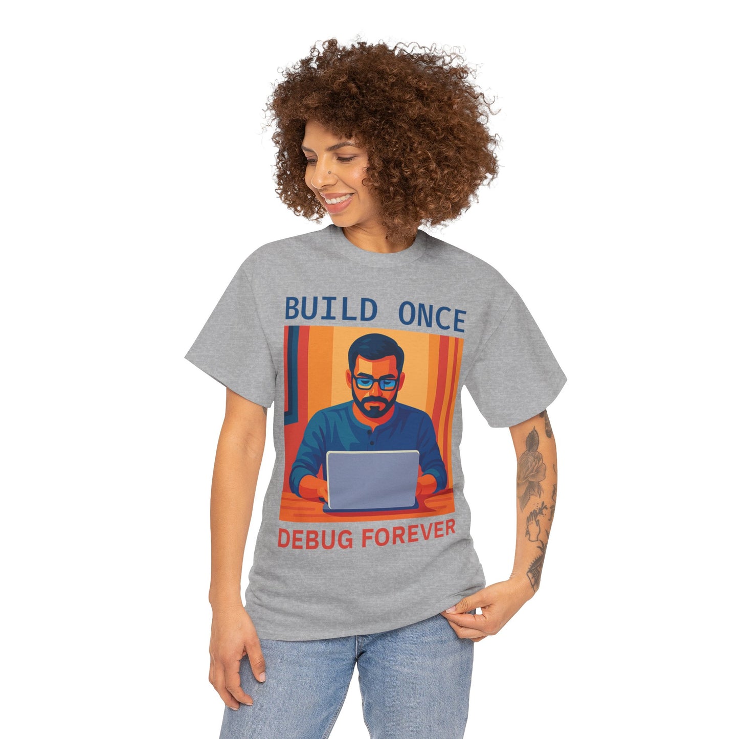 Tech Humor Unisex Heavy Cotton Tee, Geeky Shirt for Programmers, Funny Gift for Developers, Coding Enthusiast Apparel, Debug Forever Design