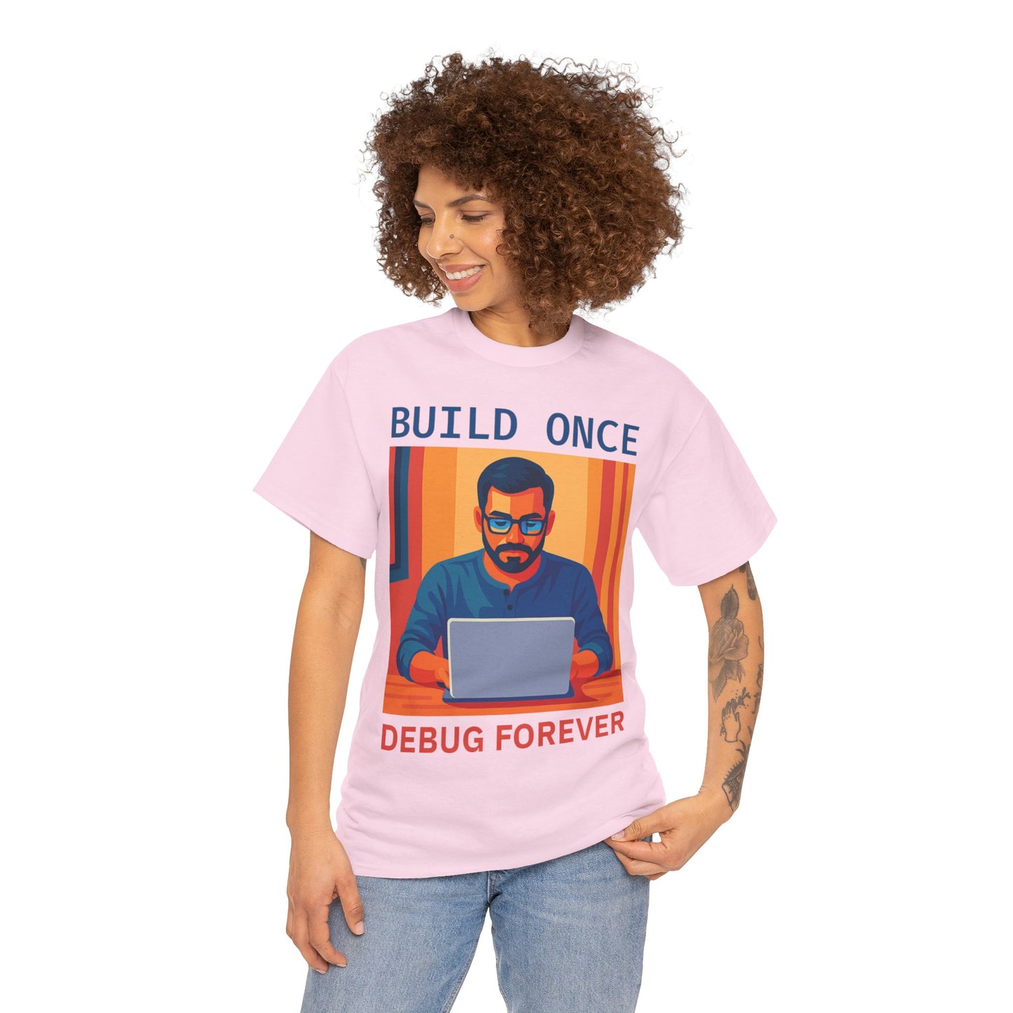 Tech Humor Unisex Heavy Cotton Tee, Geeky Shirt for Programmers, Funny Gift for Developers, Coding Enthusiast Apparel, Debug Forever Design