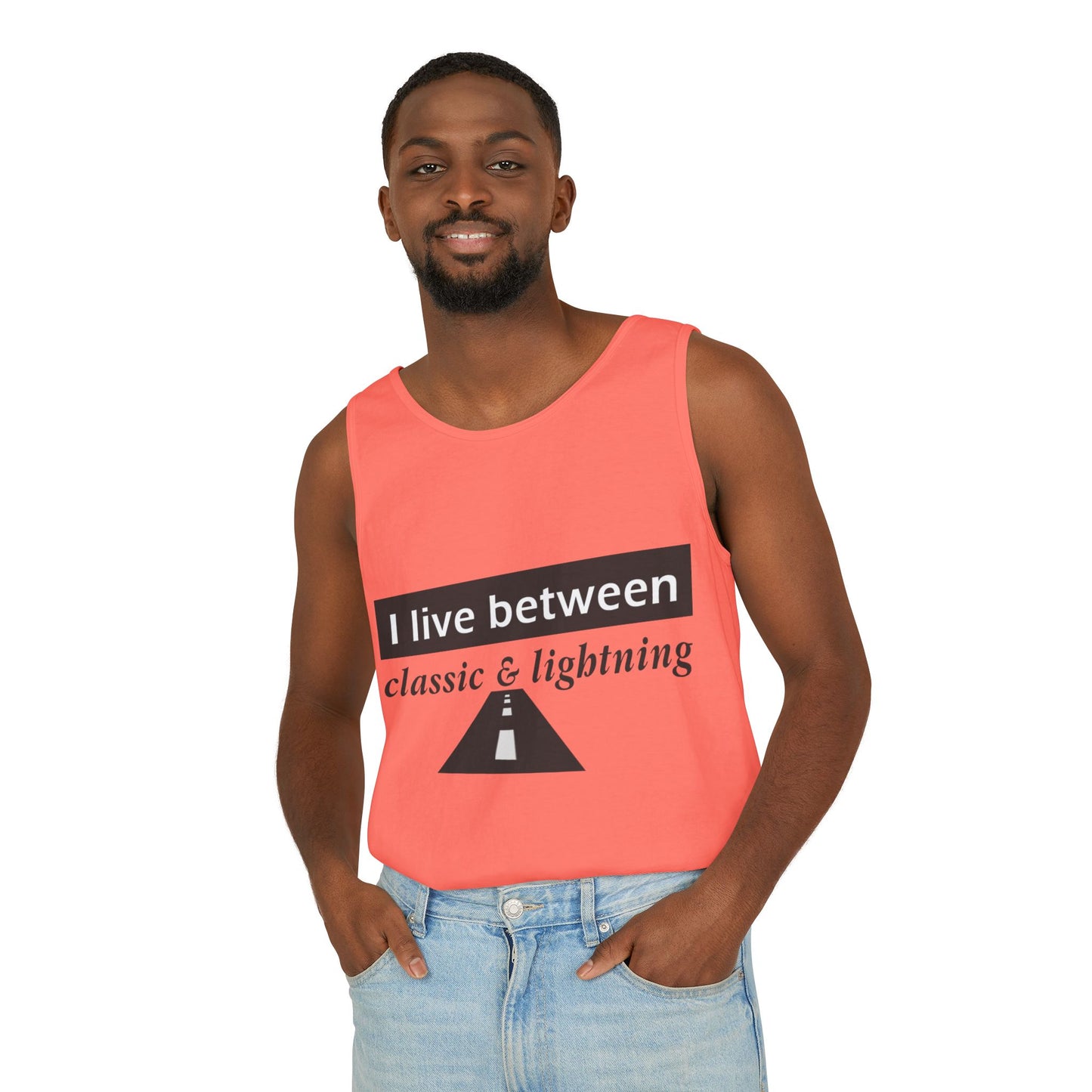 Unisex Graphic Tank Top - 'I Live Between Classic & Lightning'