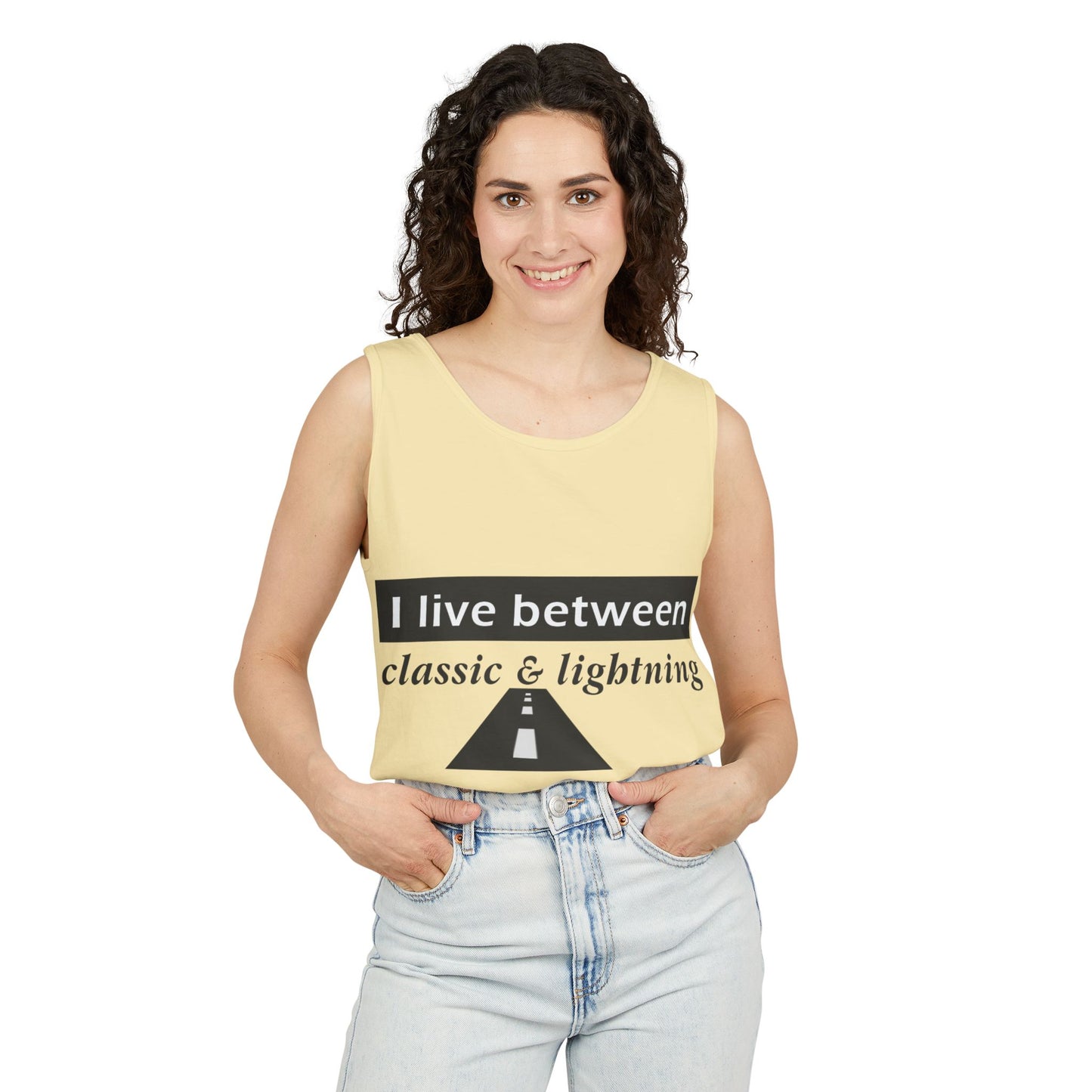 Unisex Graphic Tank Top - 'I Live Between Classic & Lightning'