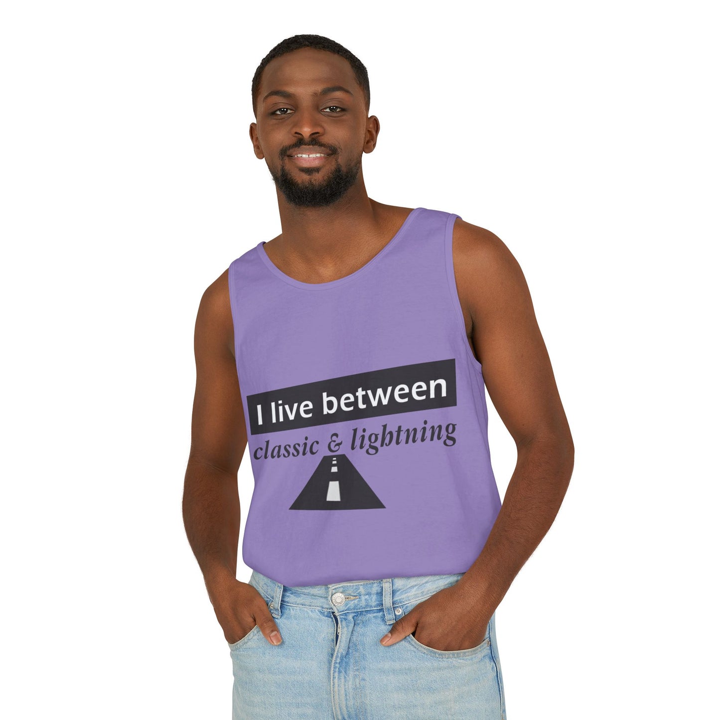 Unisex Graphic Tank Top - 'I Live Between Classic & Lightning'