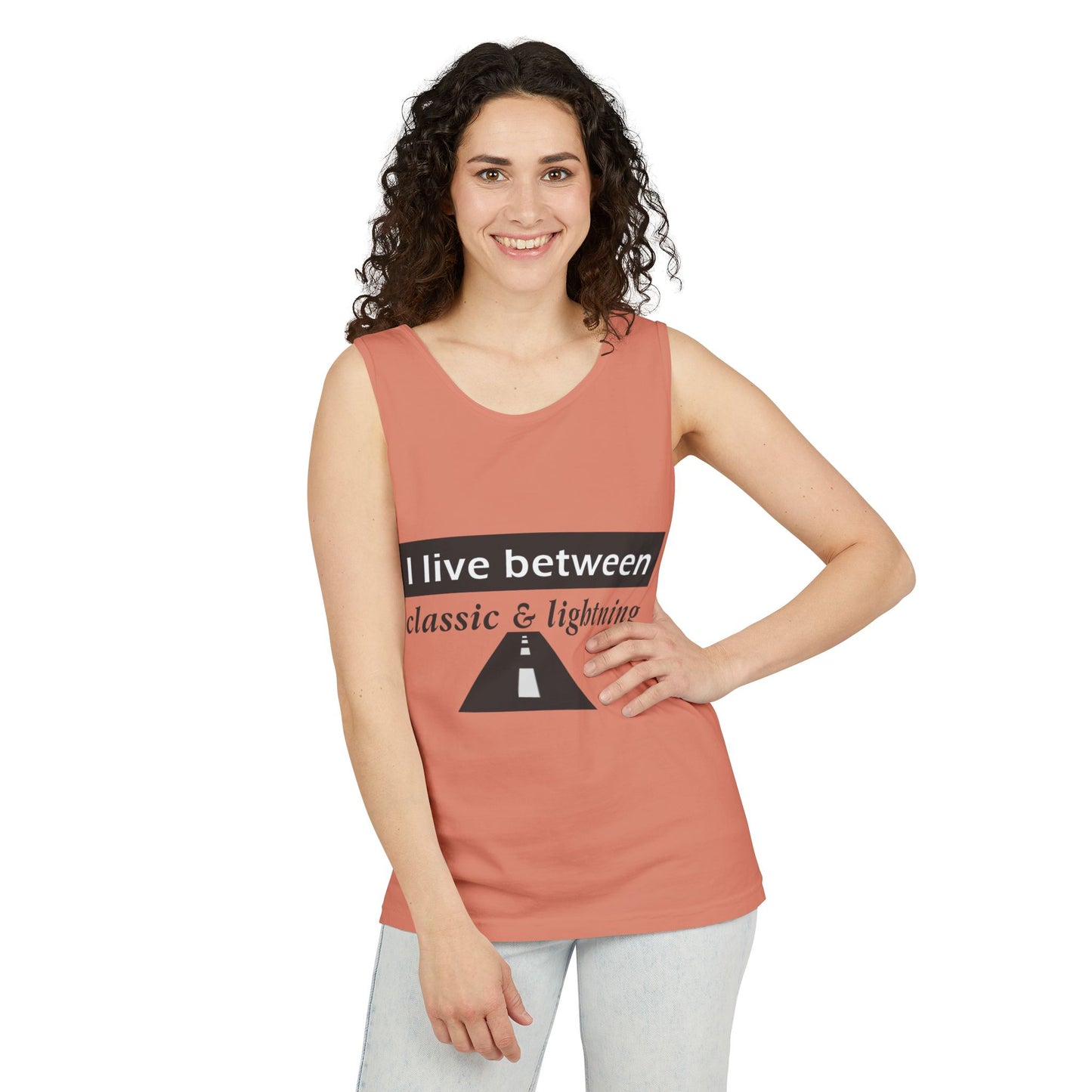 Unisex Graphic Tank Top - 'I Live Between Classic & Lightning'