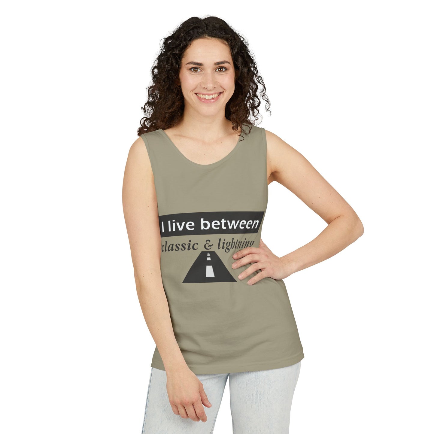 Unisex Graphic Tank Top - 'I Live Between Classic & Lightning'