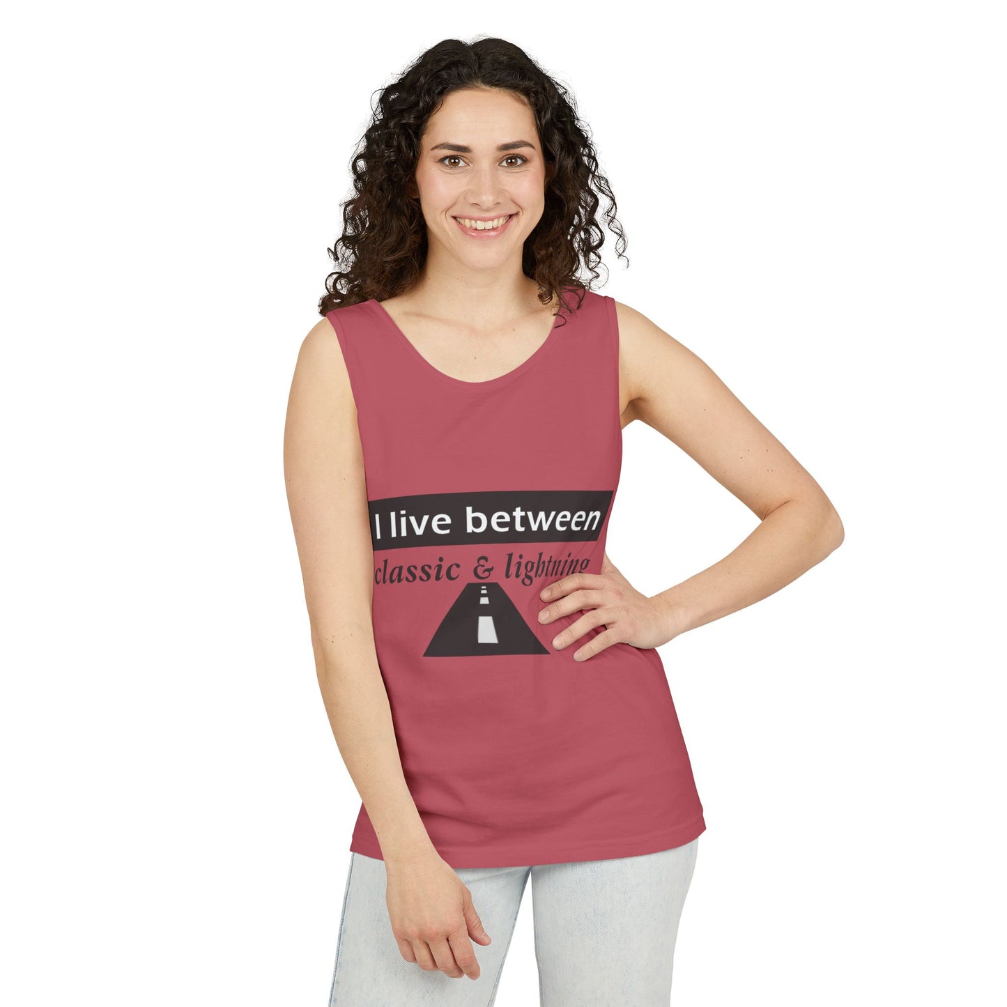 Unisex Graphic Tank Top - 'I Live Between Classic & Lightning'
