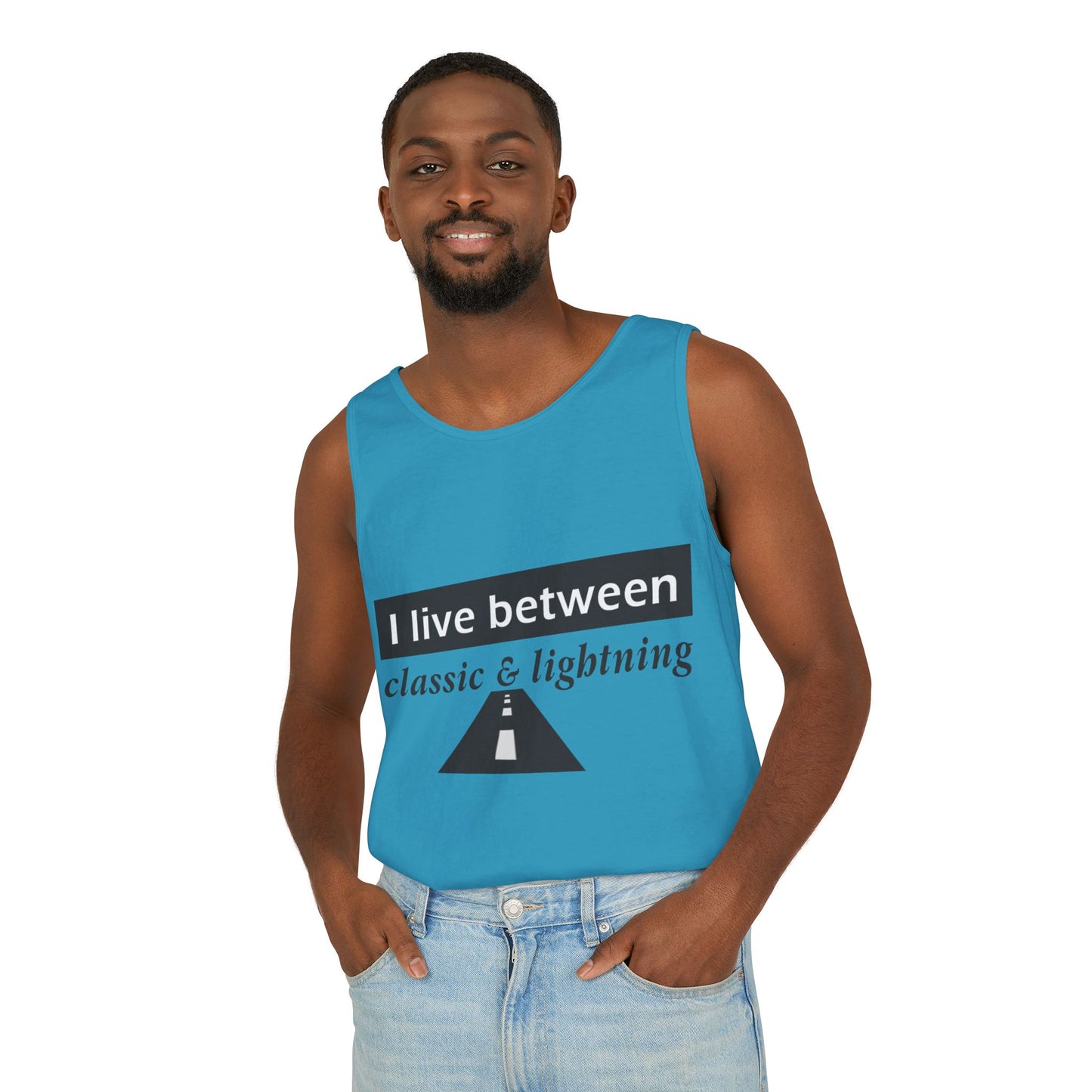 Unisex Graphic Tank Top - 'I Live Between Classic & Lightning'