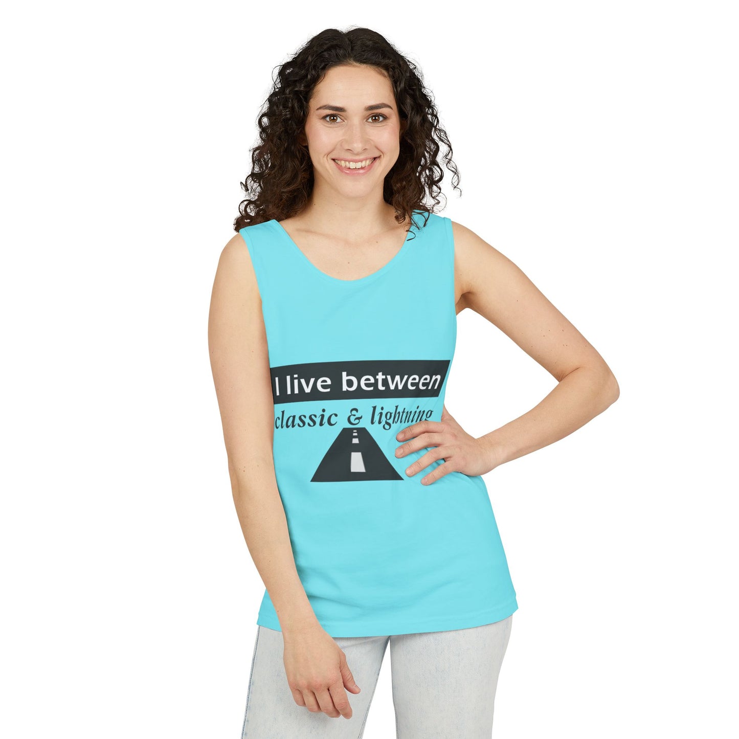 Unisex Graphic Tank Top - 'I Live Between Classic & Lightning'