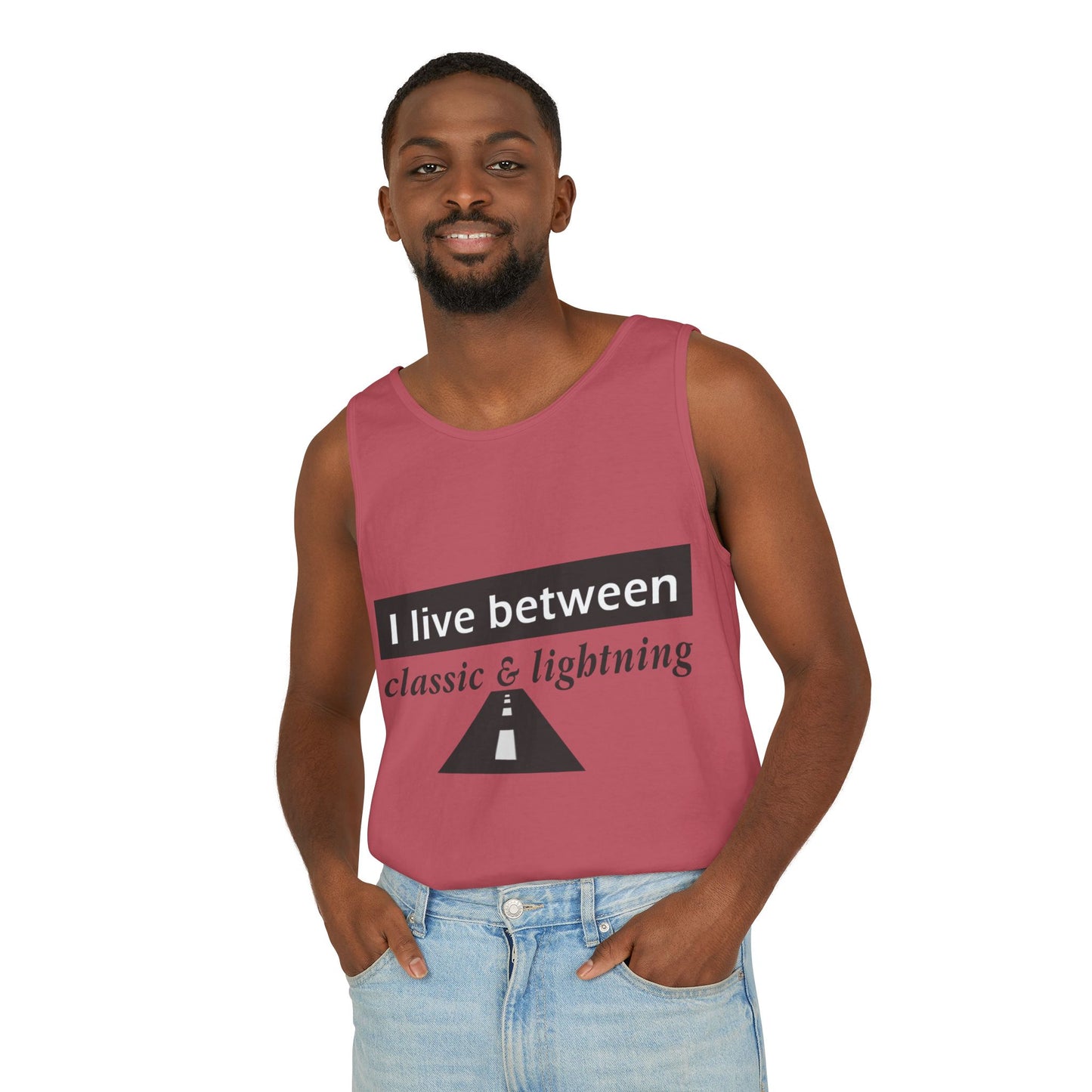 Unisex Graphic Tank Top - 'I Live Between Classic & Lightning'