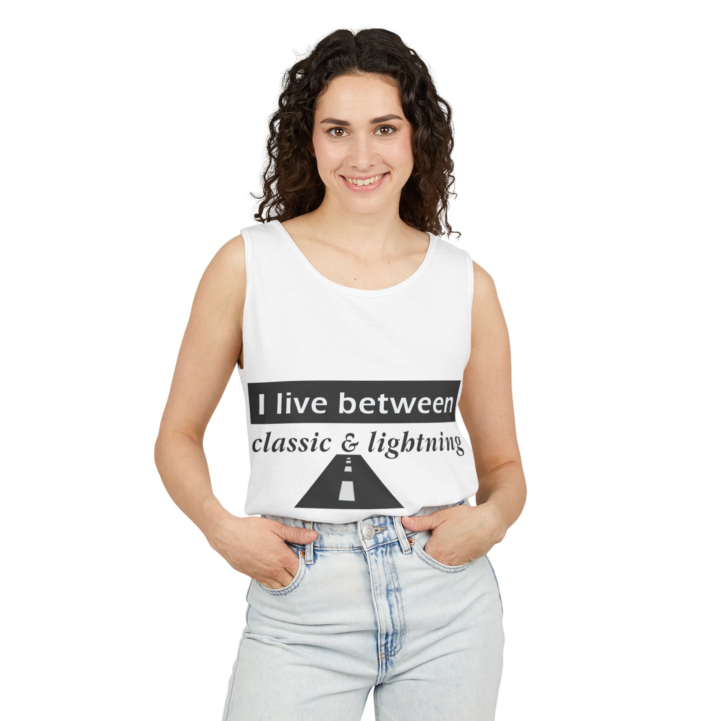 Unisex Graphic Tank Top - 'I Live Between Classic & Lightning'