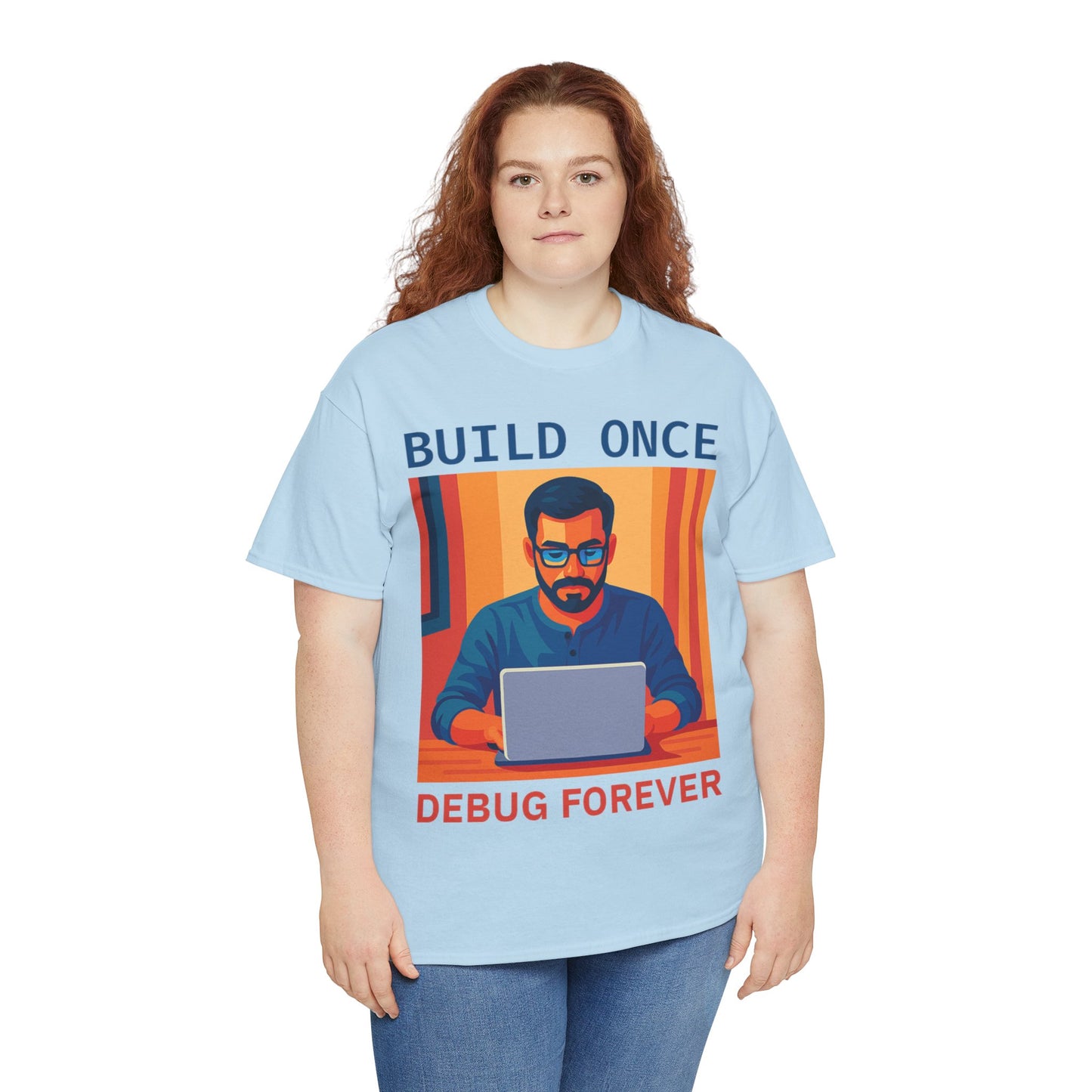Tech Humor Unisex Heavy Cotton Tee, Geeky Shirt for Programmers, Funny Gift for Developers, Coding Enthusiast Apparel, Debug Forever Design