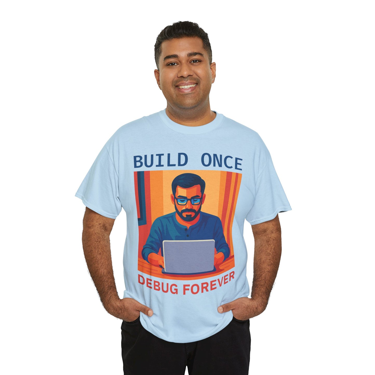 Tech Humor Unisex Heavy Cotton Tee, Geeky Shirt for Programmers, Funny Gift for Developers, Coding Enthusiast Apparel, Debug Forever Design