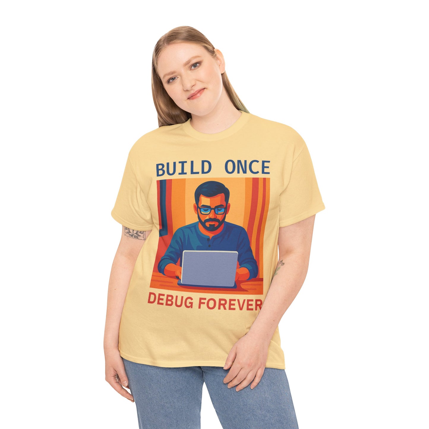 Tech Humor Unisex Heavy Cotton Tee, Geeky Shirt for Programmers, Funny Gift for Developers, Coding Enthusiast Apparel, Debug Forever Design