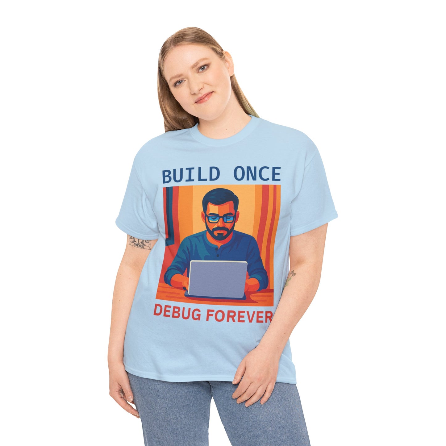 Tech Humor Unisex Heavy Cotton Tee, Geeky Shirt for Programmers, Funny Gift for Developers, Coding Enthusiast Apparel, Debug Forever Design