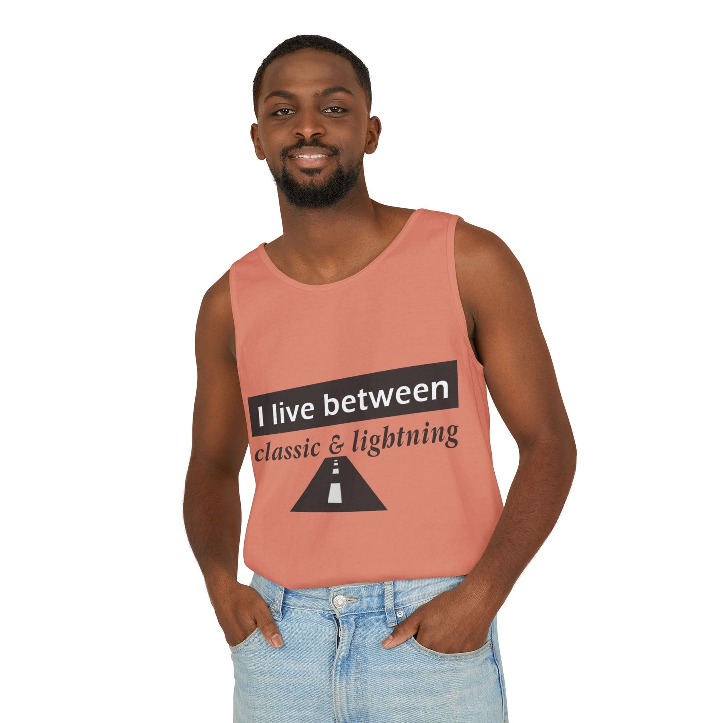 Unisex Graphic Tank Top - 'I Live Between Classic & Lightning'