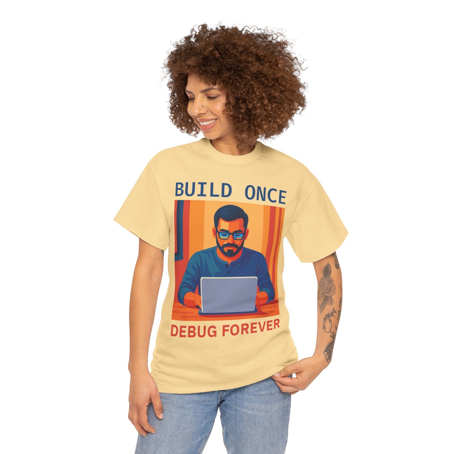 Tech Humor Unisex Heavy Cotton Tee, Geeky Shirt for Programmers, Funny Gift for Developers, Coding Enthusiast Apparel, Debug Forever Design