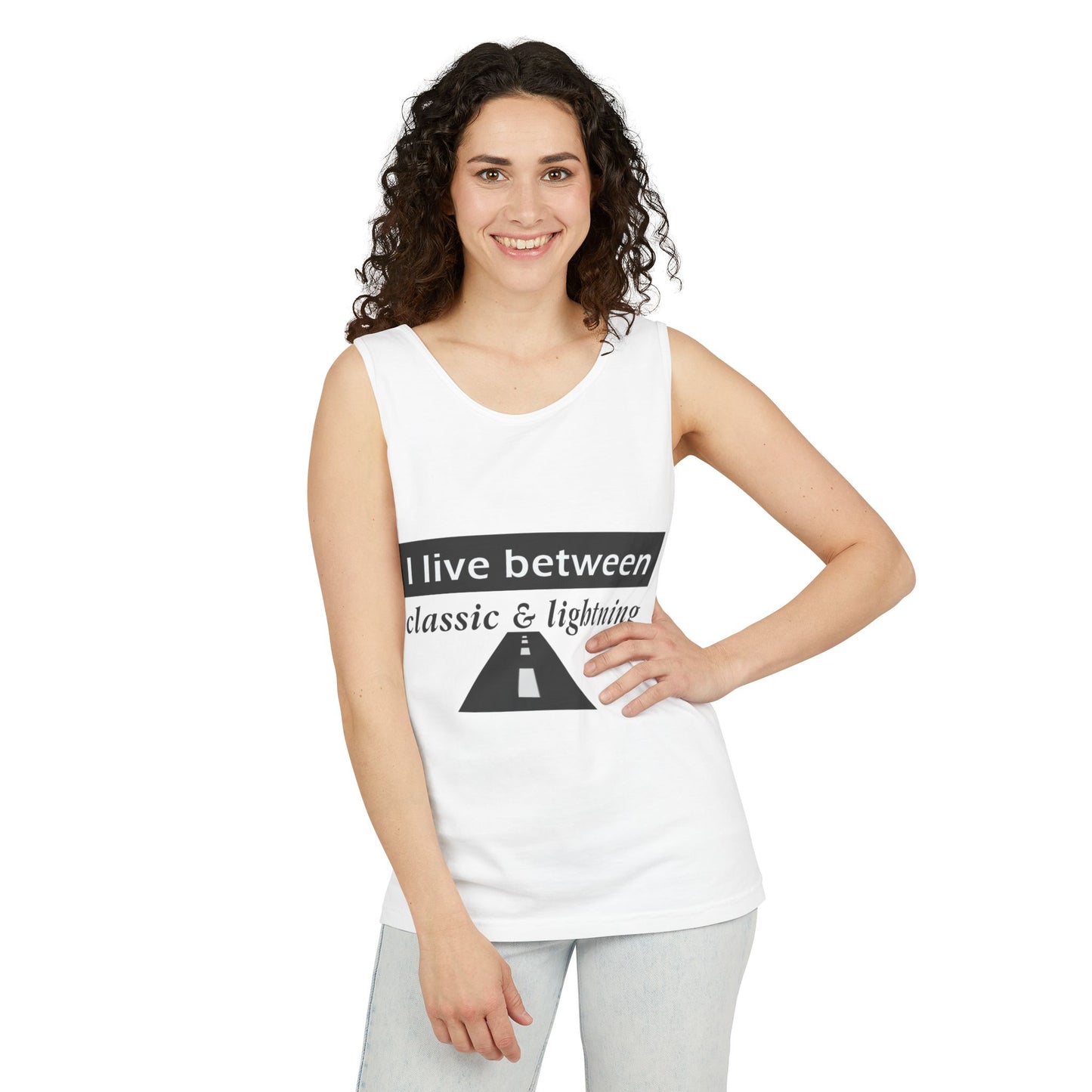 Unisex Graphic Tank Top - 'I Live Between Classic & Lightning'