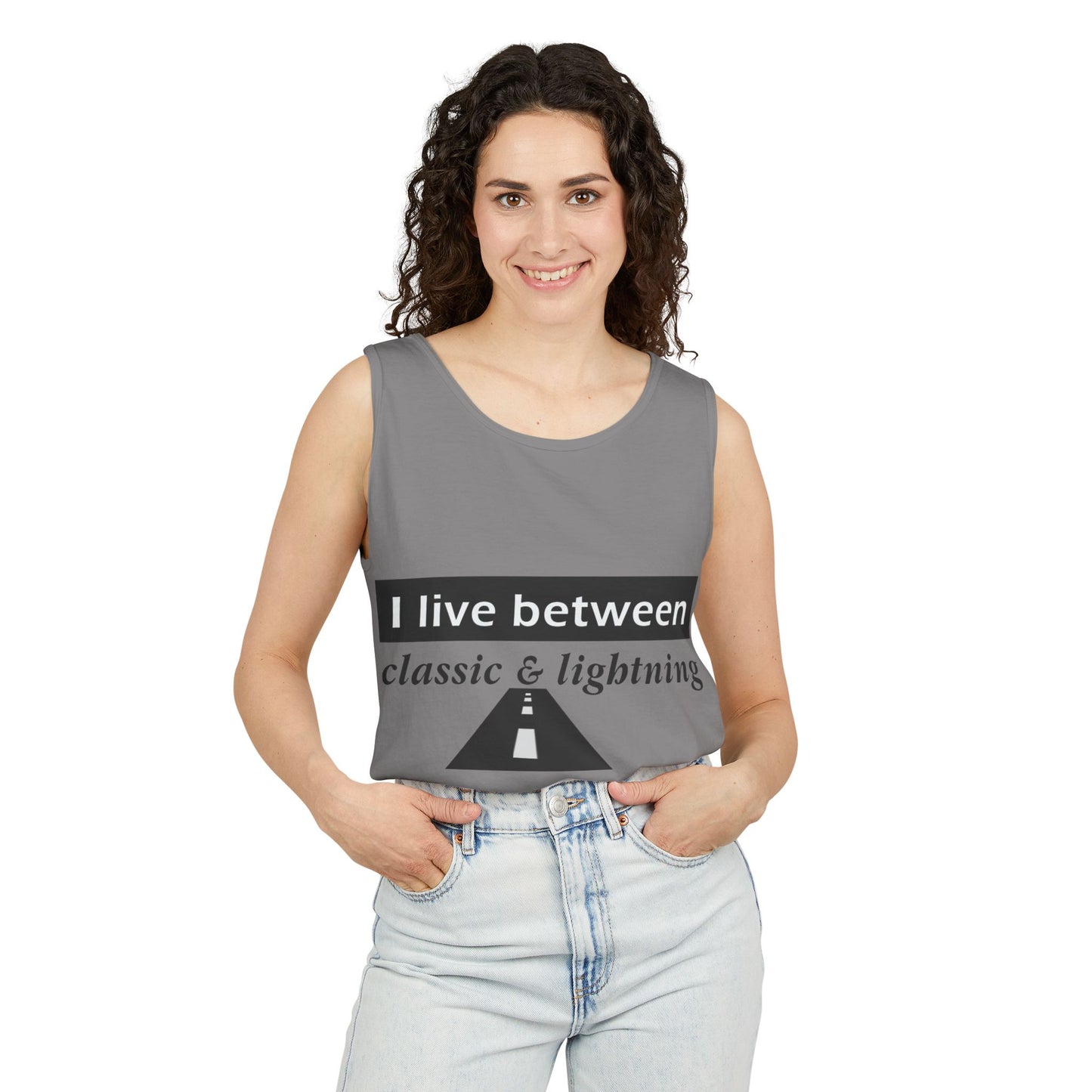 Unisex Graphic Tank Top - 'I Live Between Classic & Lightning'
