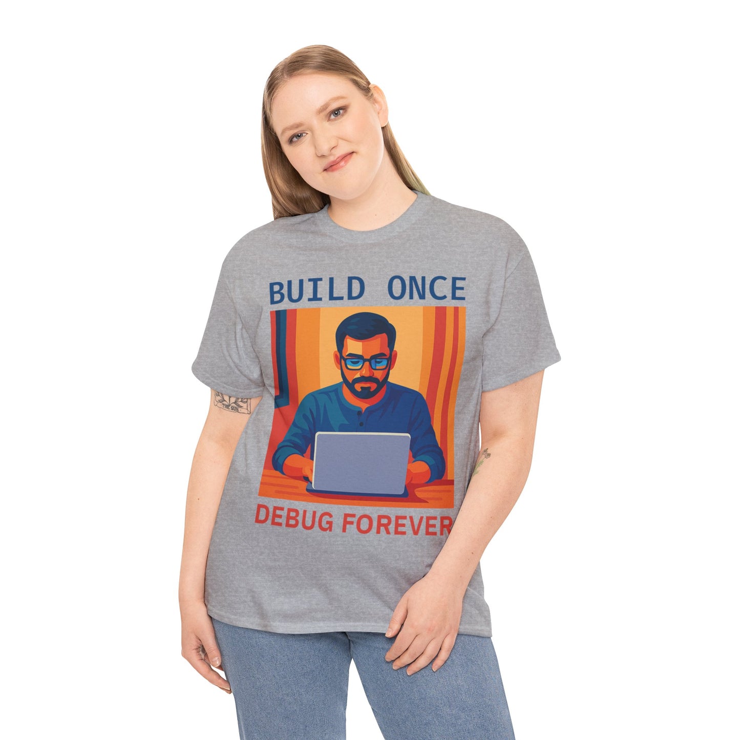 Tech Humor Unisex Heavy Cotton Tee, Geeky Shirt for Programmers, Funny Gift for Developers, Coding Enthusiast Apparel, Debug Forever Design