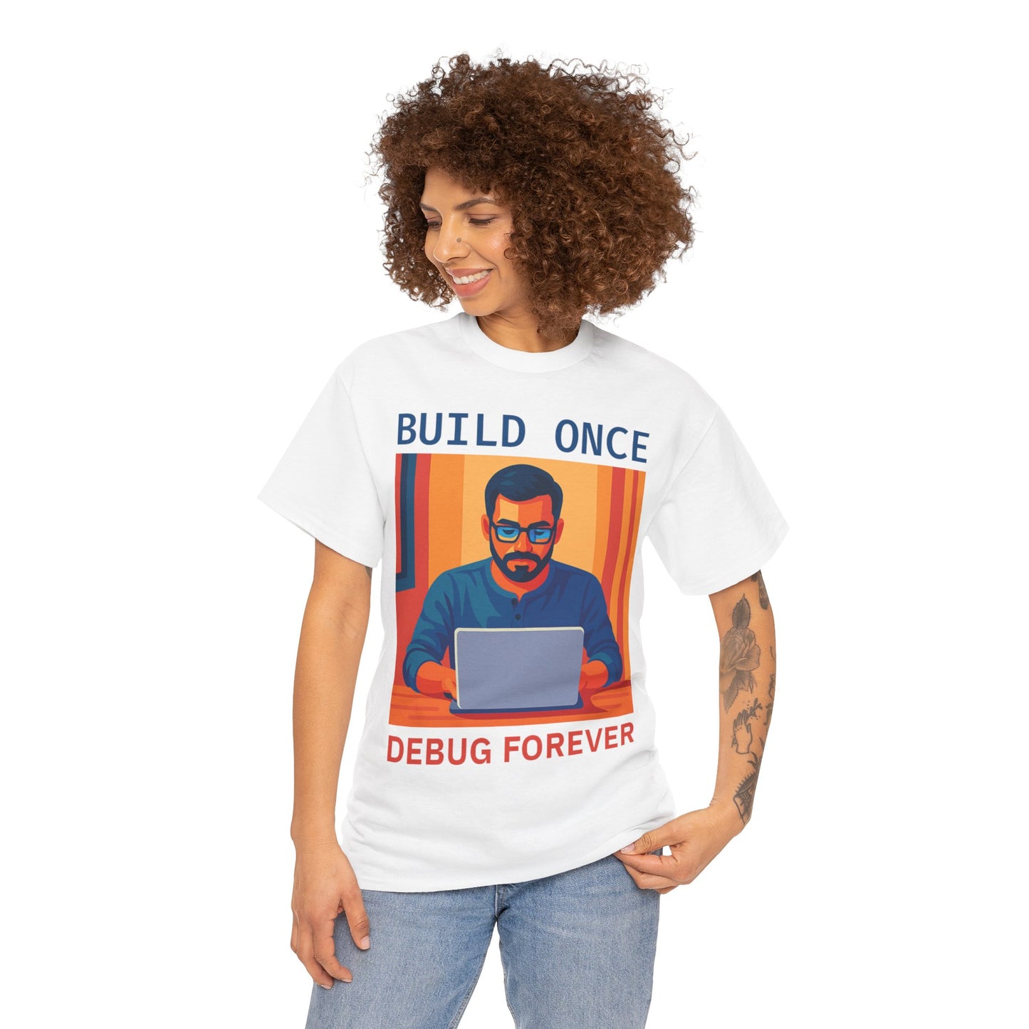Tech Humor Unisex Heavy Cotton Tee, Geeky Shirt for Programmers, Funny Gift for Developers, Coding Enthusiast Apparel, Debug Forever Design
