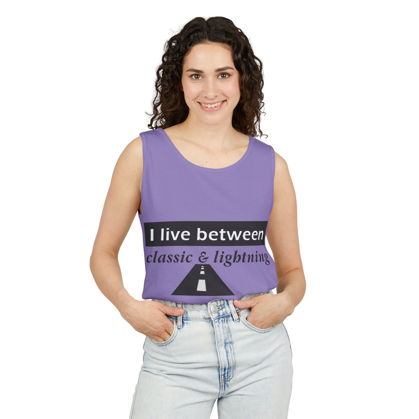 Unisex Graphic Tank Top - 'I Live Between Classic & Lightning'