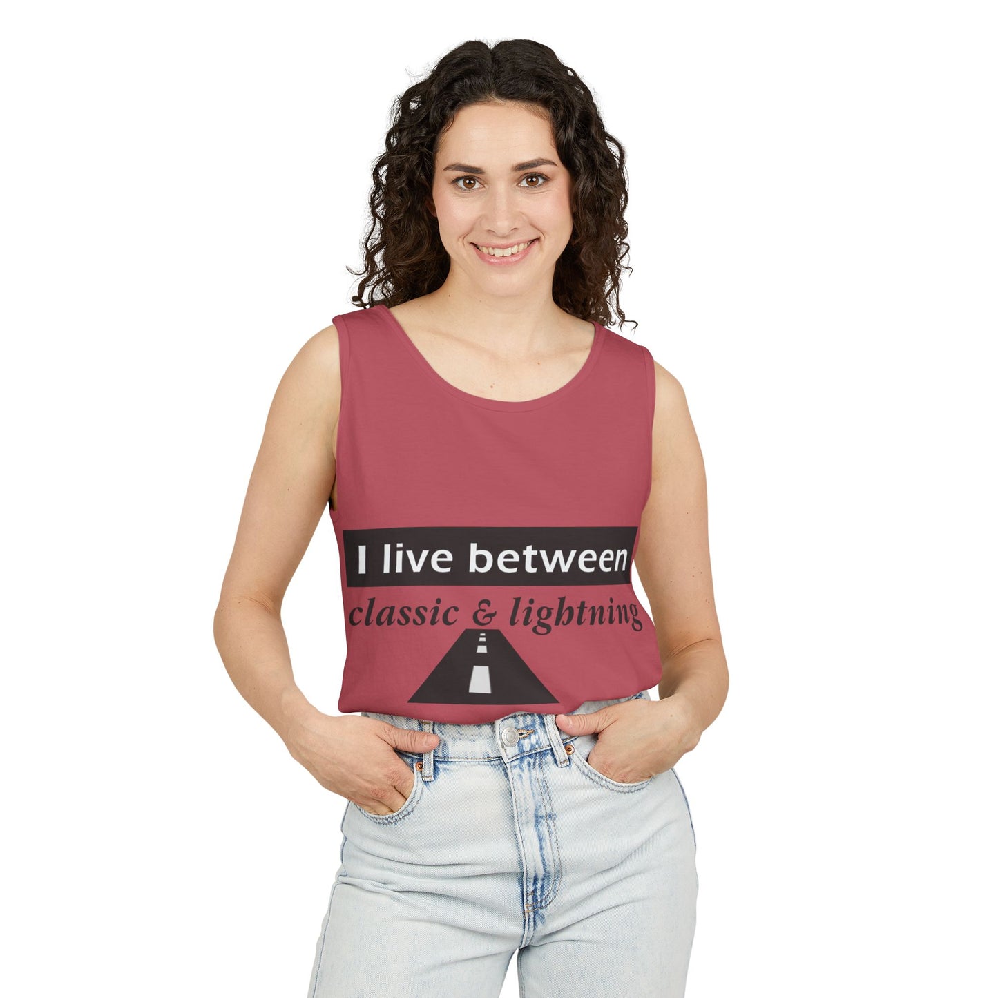 Unisex Graphic Tank Top - 'I Live Between Classic & Lightning'