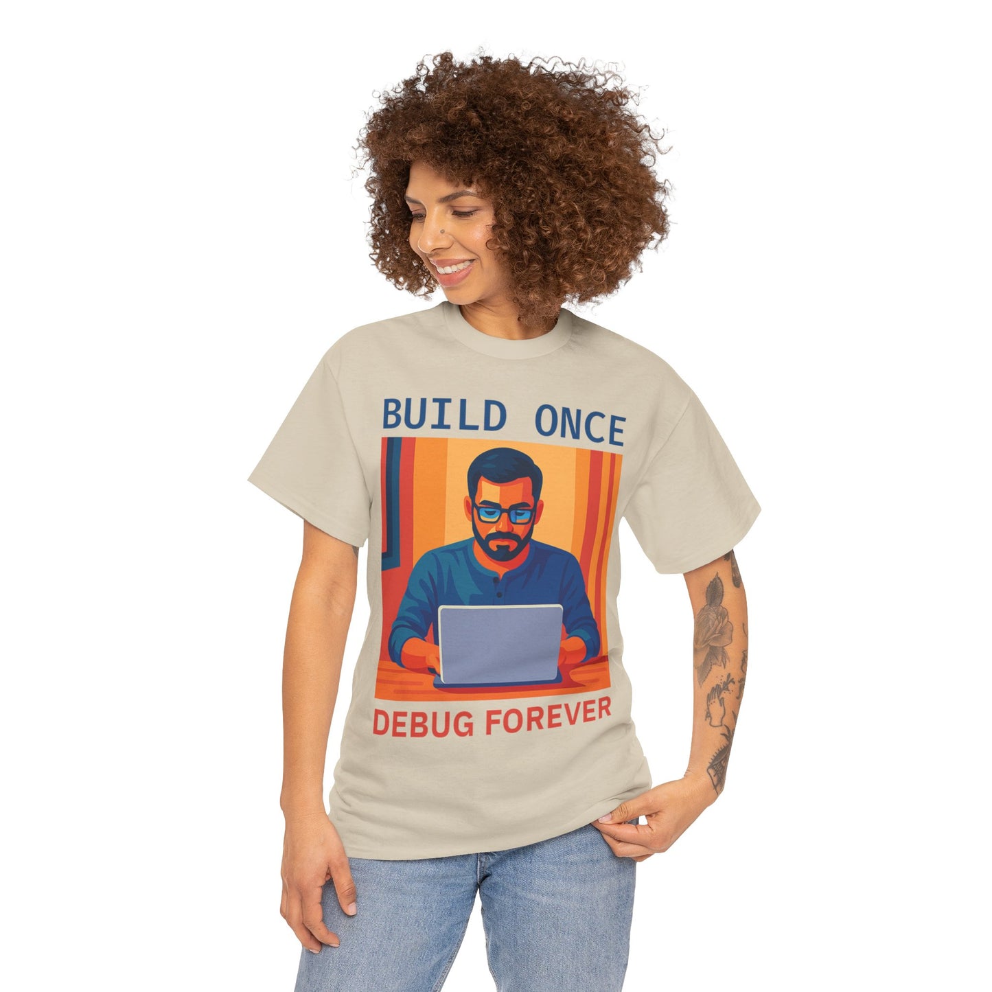 Tech Humor Unisex Heavy Cotton Tee, Geeky Shirt for Programmers, Funny Gift for Developers, Coding Enthusiast Apparel, Debug Forever Design