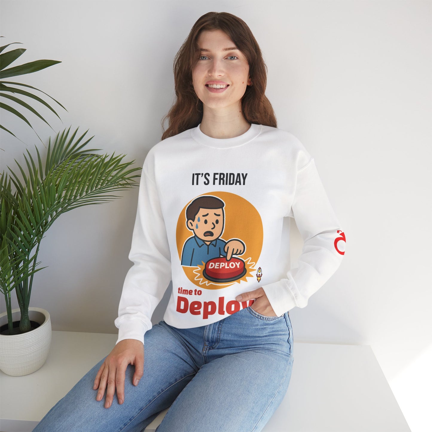 Funny Friday Deployment Crewneck Sweatshirt, Unisex Sweatshirt, Gift for Programmers, Casual Wear, Tech Humor Apparel