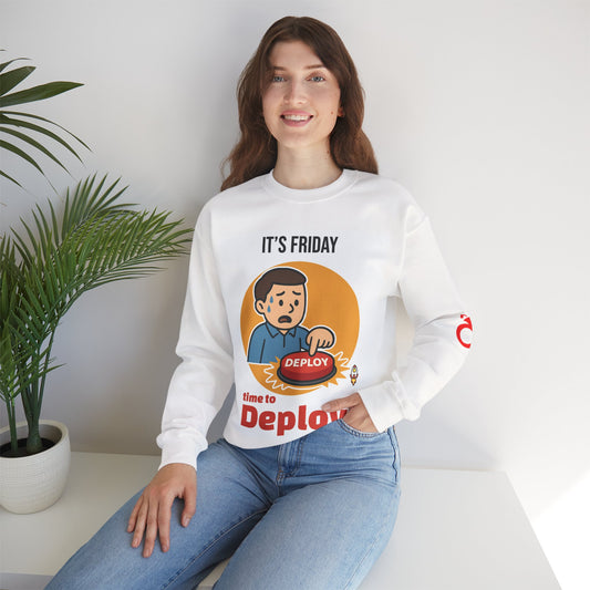 Funny Friday Deployment Crewneck Sweatshirt, Unisex Sweatshirt, Gift for Programmers, Casual Wear, Tech Humor Apparel