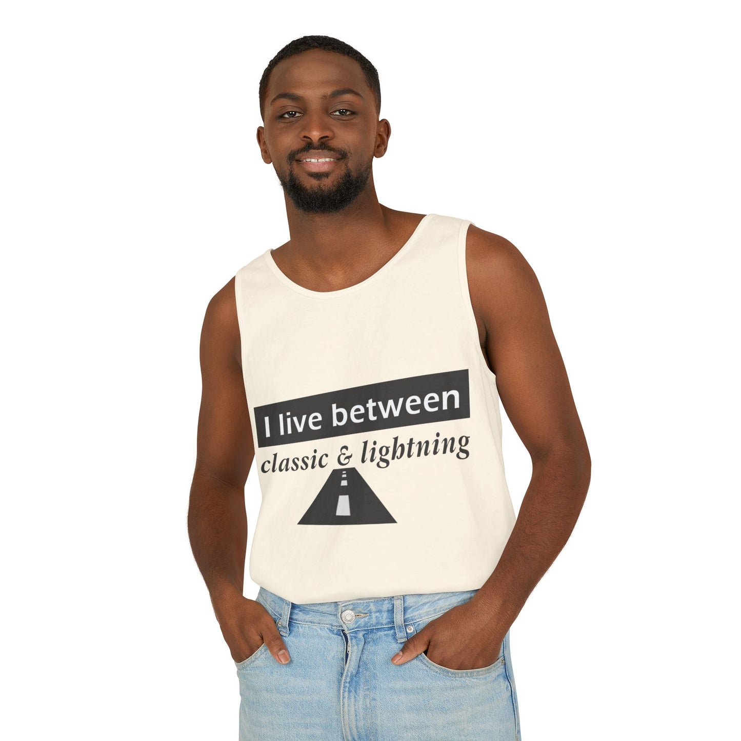 Unisex Graphic Tank Top - 'I Live Between Classic & Lightning'