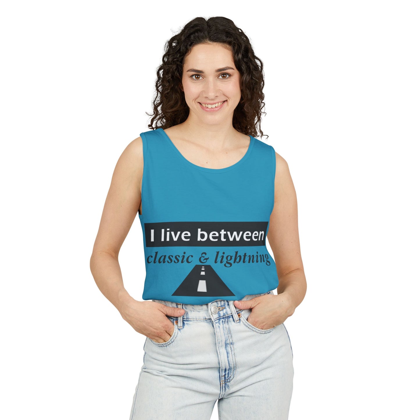 Unisex Graphic Tank Top - 'I Live Between Classic & Lightning'