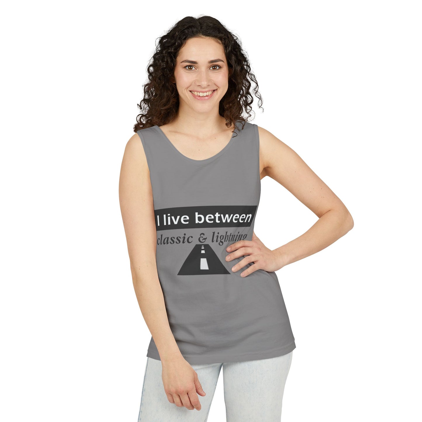 Unisex Graphic Tank Top - 'I Live Between Classic & Lightning'