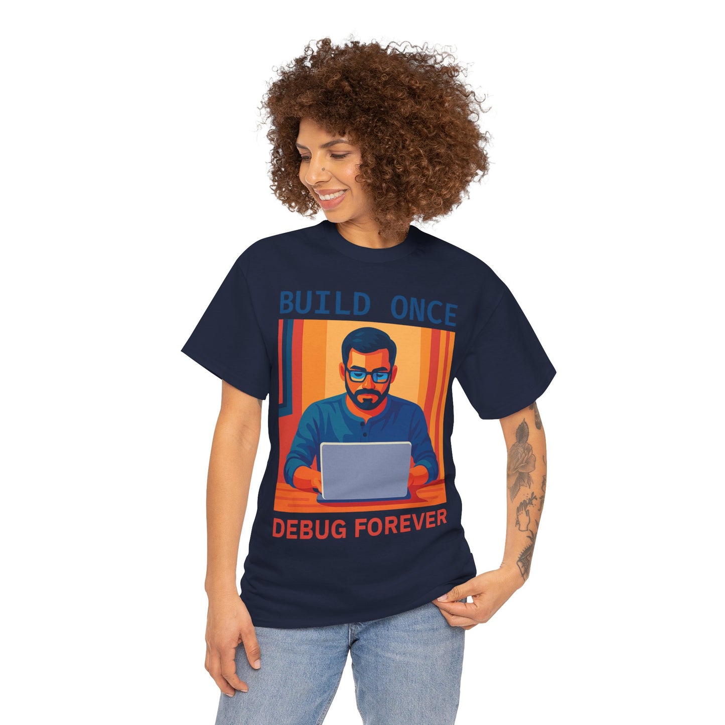 Tech Humor Unisex Heavy Cotton Tee, Geeky Shirt for Programmers, Funny Gift for Developers, Coding Enthusiast Apparel, Debug Forever Design