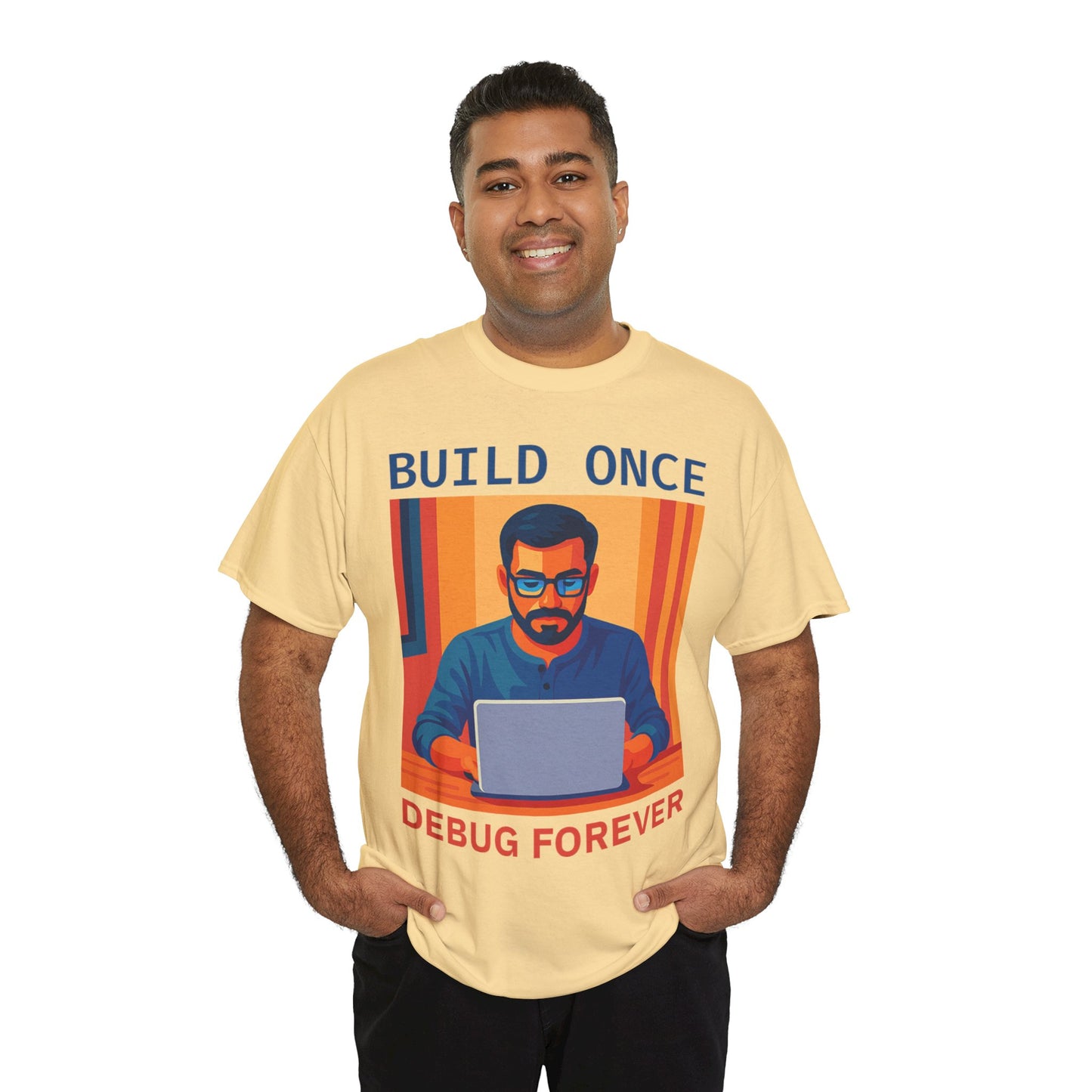 Tech Humor Unisex Heavy Cotton Tee, Geeky Shirt for Programmers, Funny Gift for Developers, Coding Enthusiast Apparel, Debug Forever Design