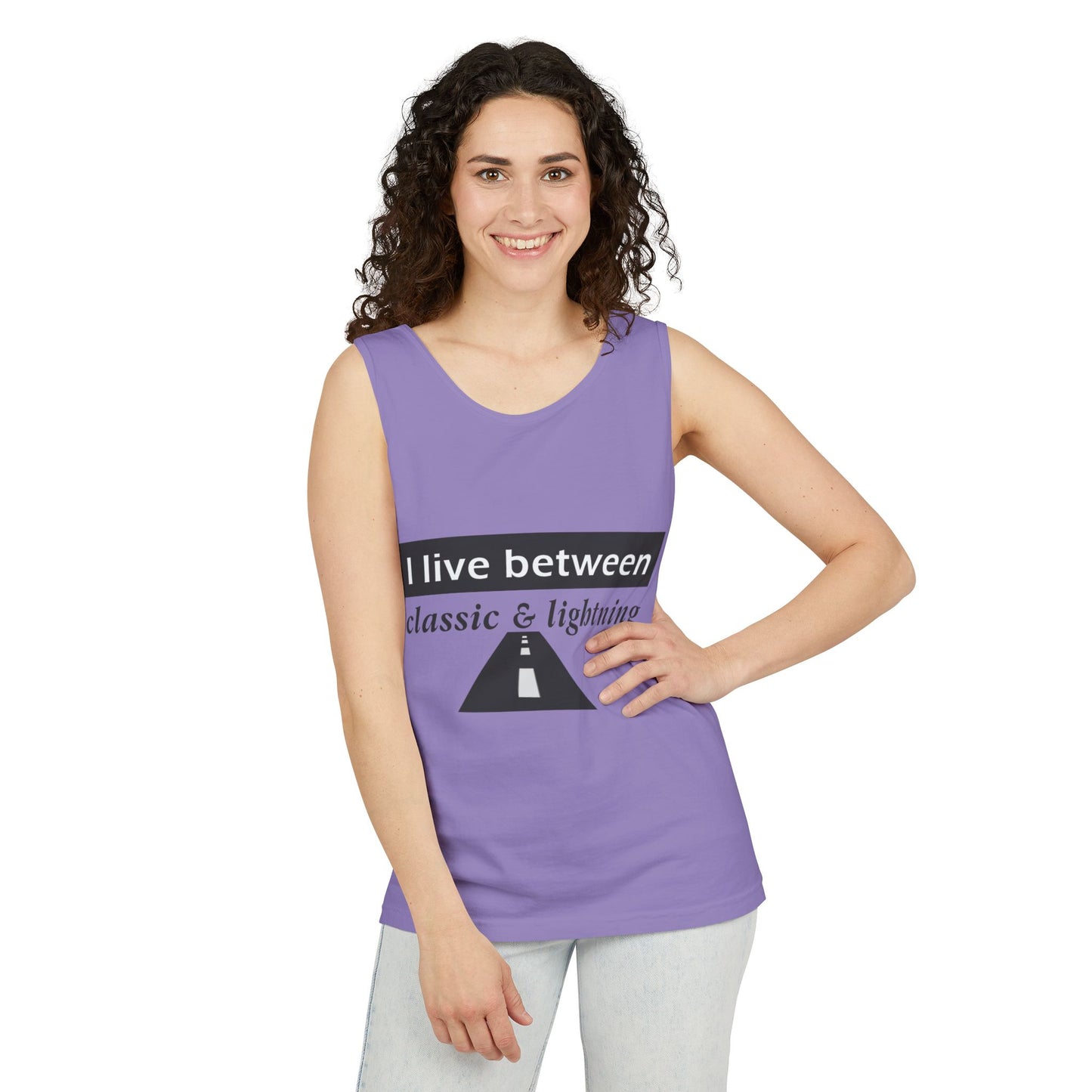 Unisex Graphic Tank Top - 'I Live Between Classic & Lightning'