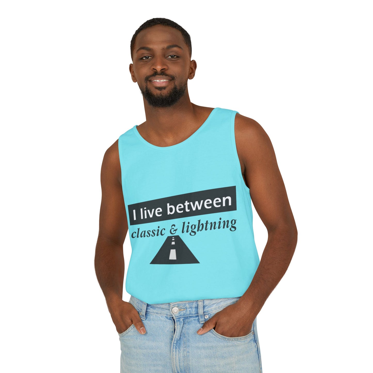 Unisex Graphic Tank Top - 'I Live Between Classic & Lightning'