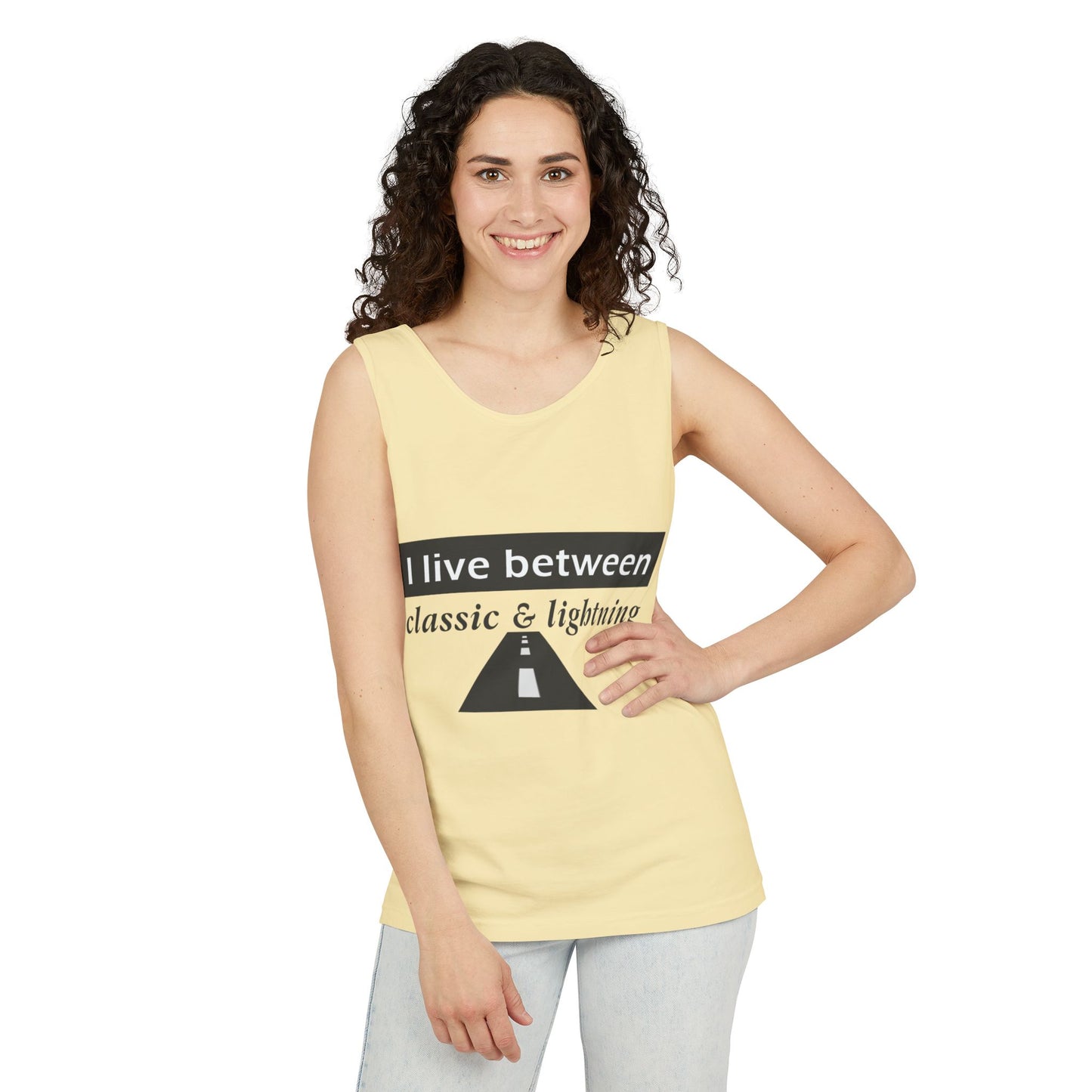Unisex Graphic Tank Top - 'I Live Between Classic & Lightning'