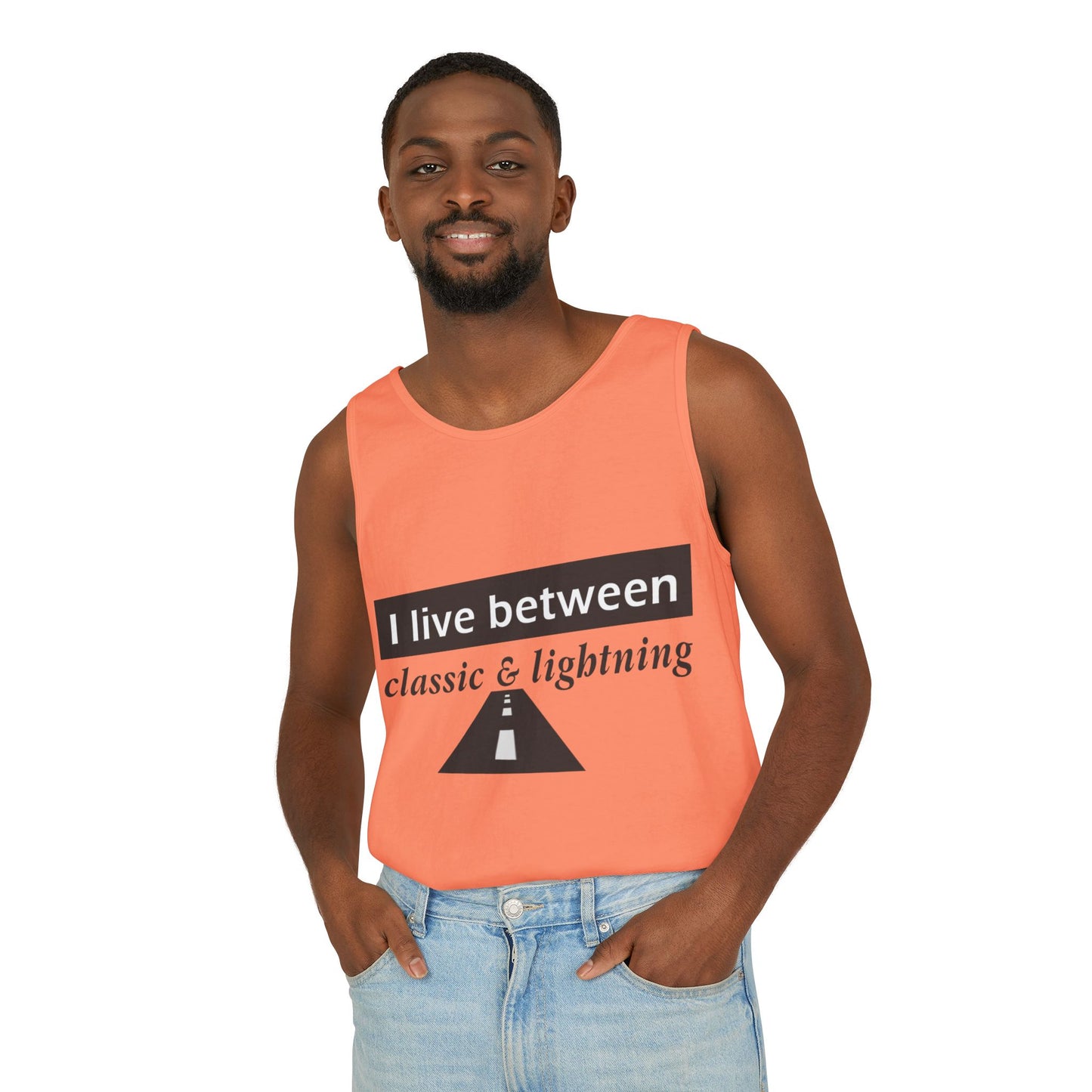 Unisex Graphic Tank Top - 'I Live Between Classic & Lightning'