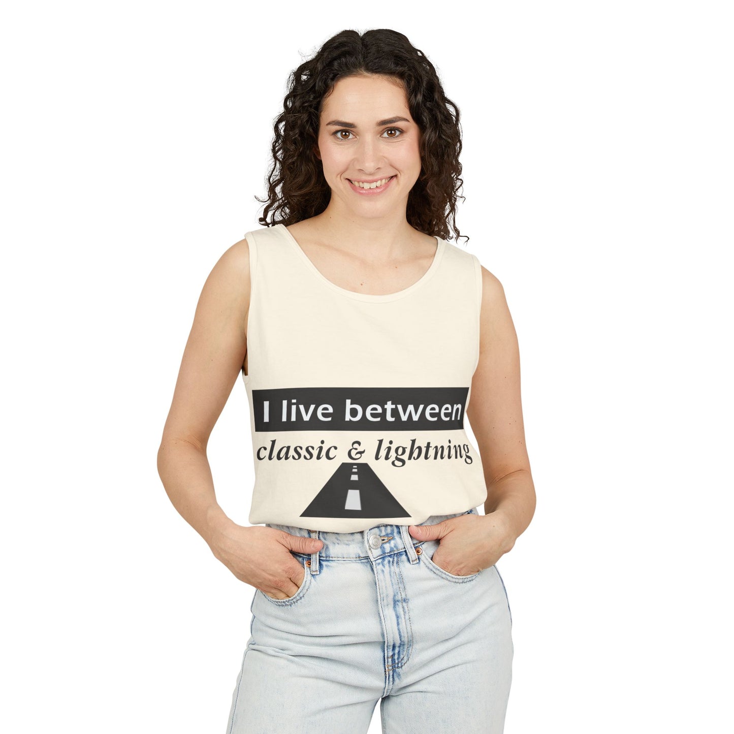 Unisex Graphic Tank Top - 'I Live Between Classic & Lightning'