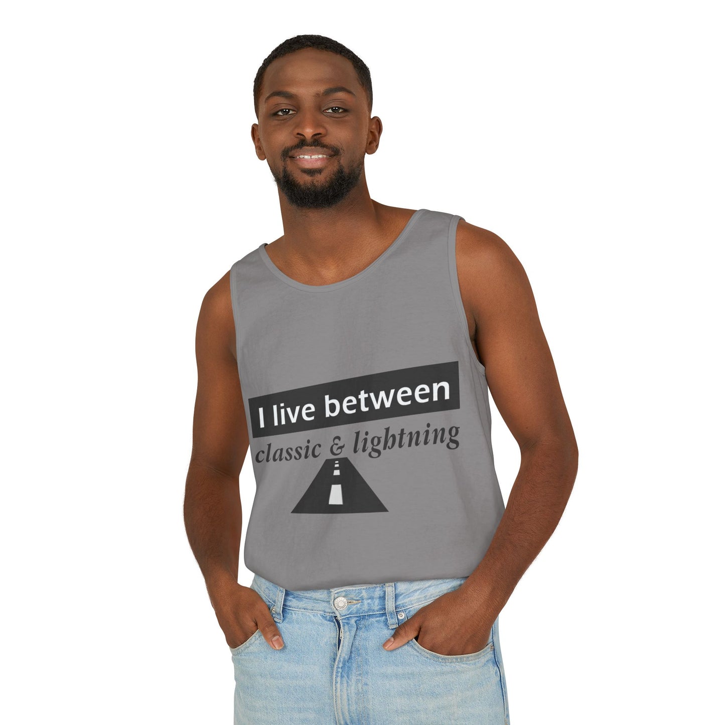 Unisex Graphic Tank Top - 'I Live Between Classic & Lightning'