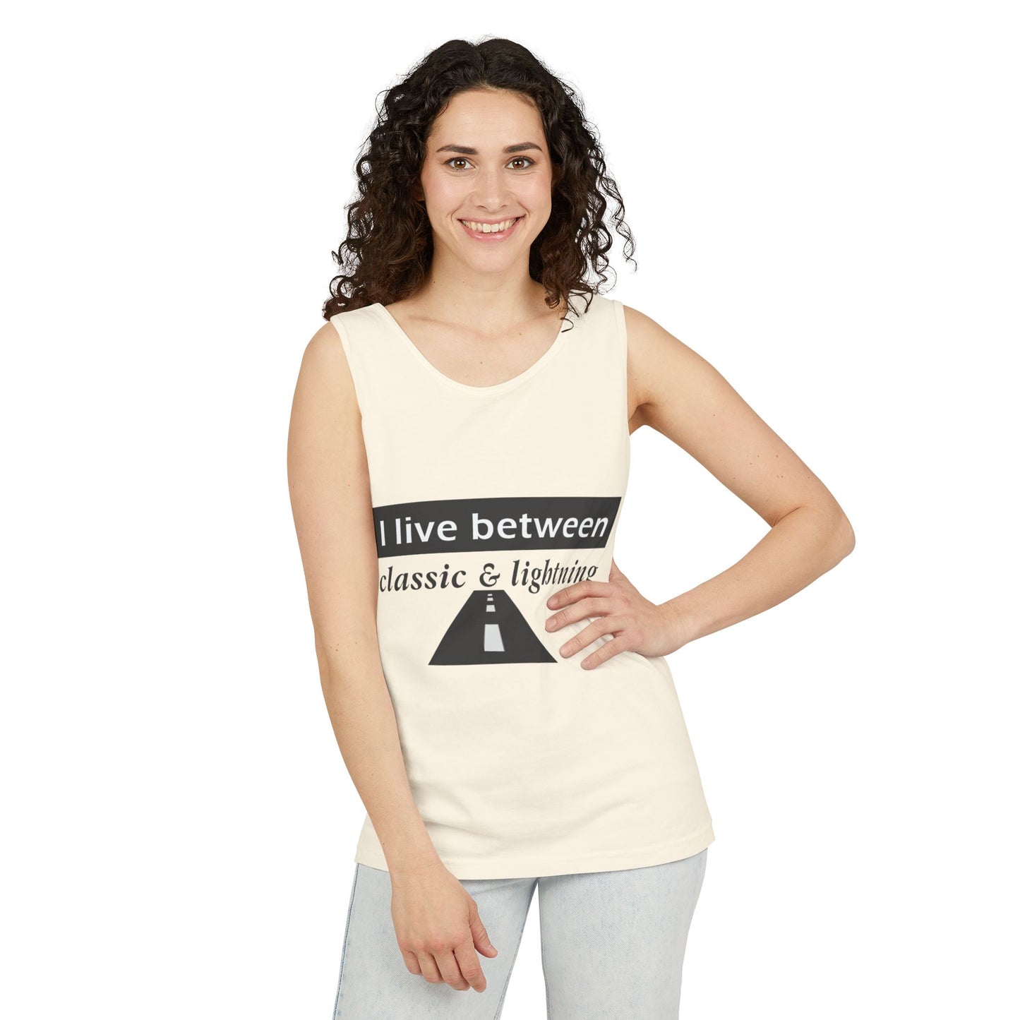 Unisex Graphic Tank Top - 'I Live Between Classic & Lightning'