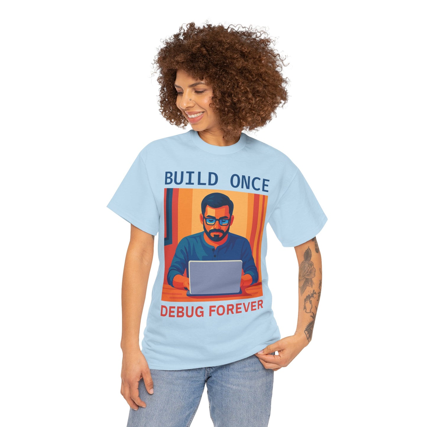 Tech Humor Unisex Heavy Cotton Tee, Geeky Shirt for Programmers, Funny Gift for Developers, Coding Enthusiast Apparel, Debug Forever Design