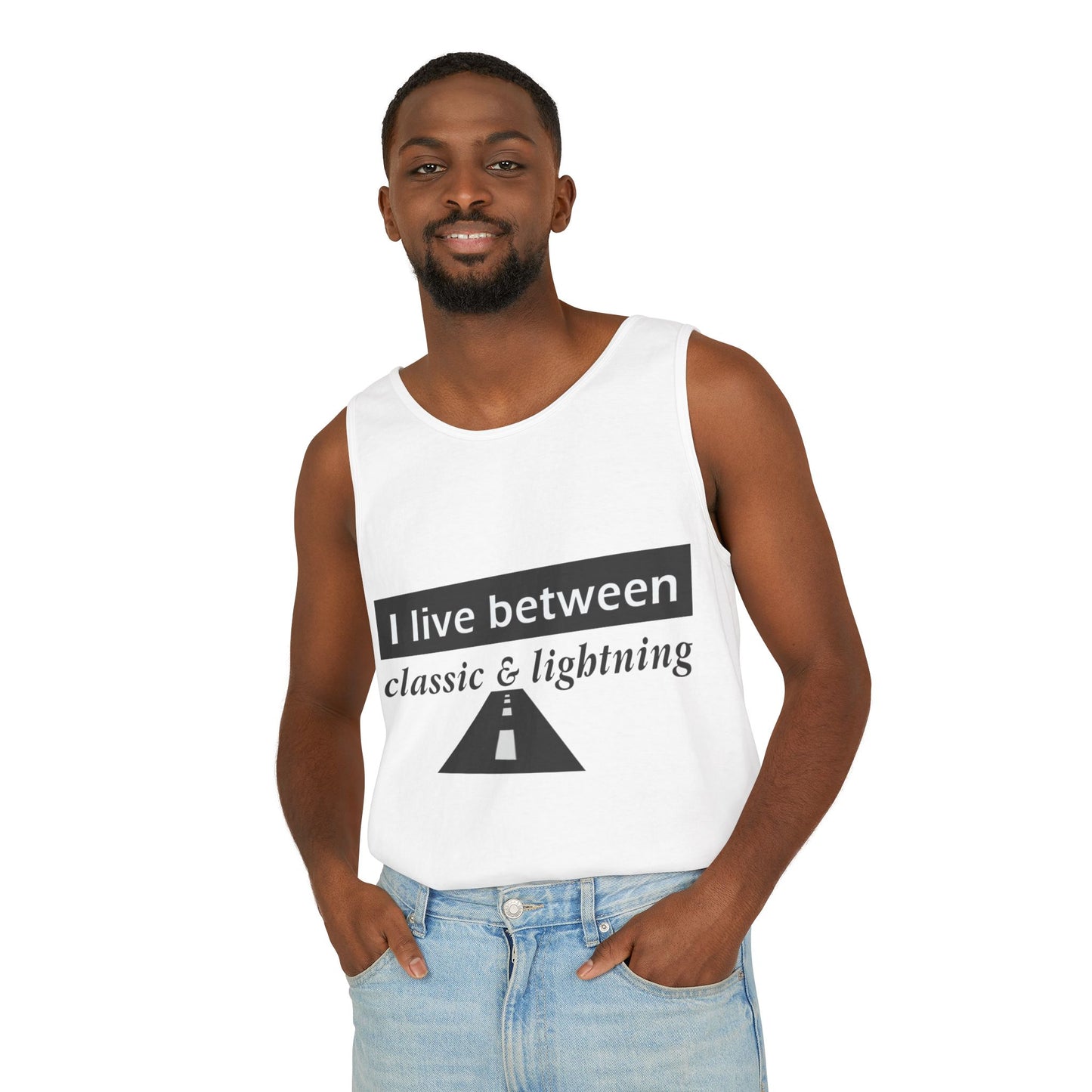 Unisex Graphic Tank Top - 'I Live Between Classic & Lightning'