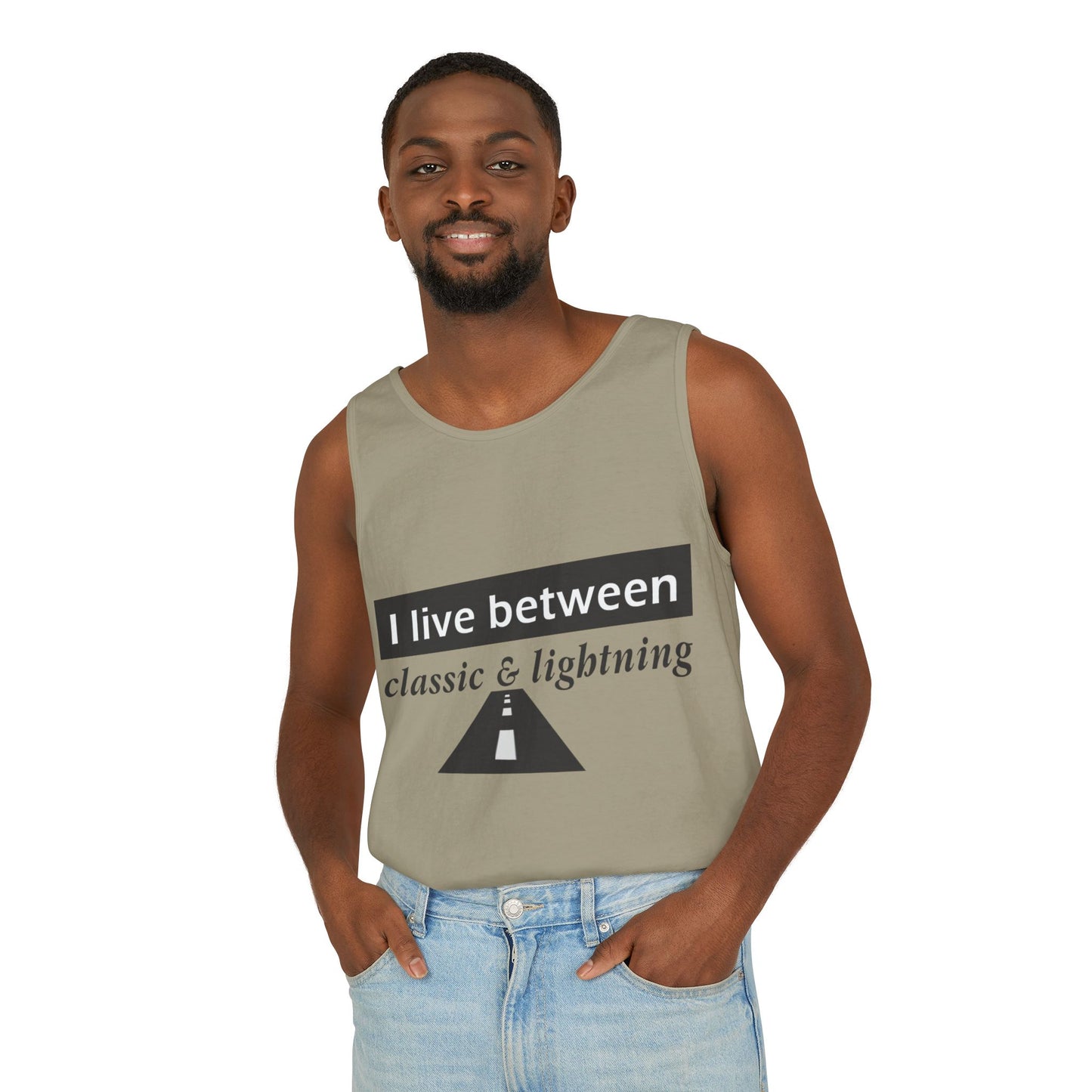 Unisex Graphic Tank Top - 'I Live Between Classic & Lightning'