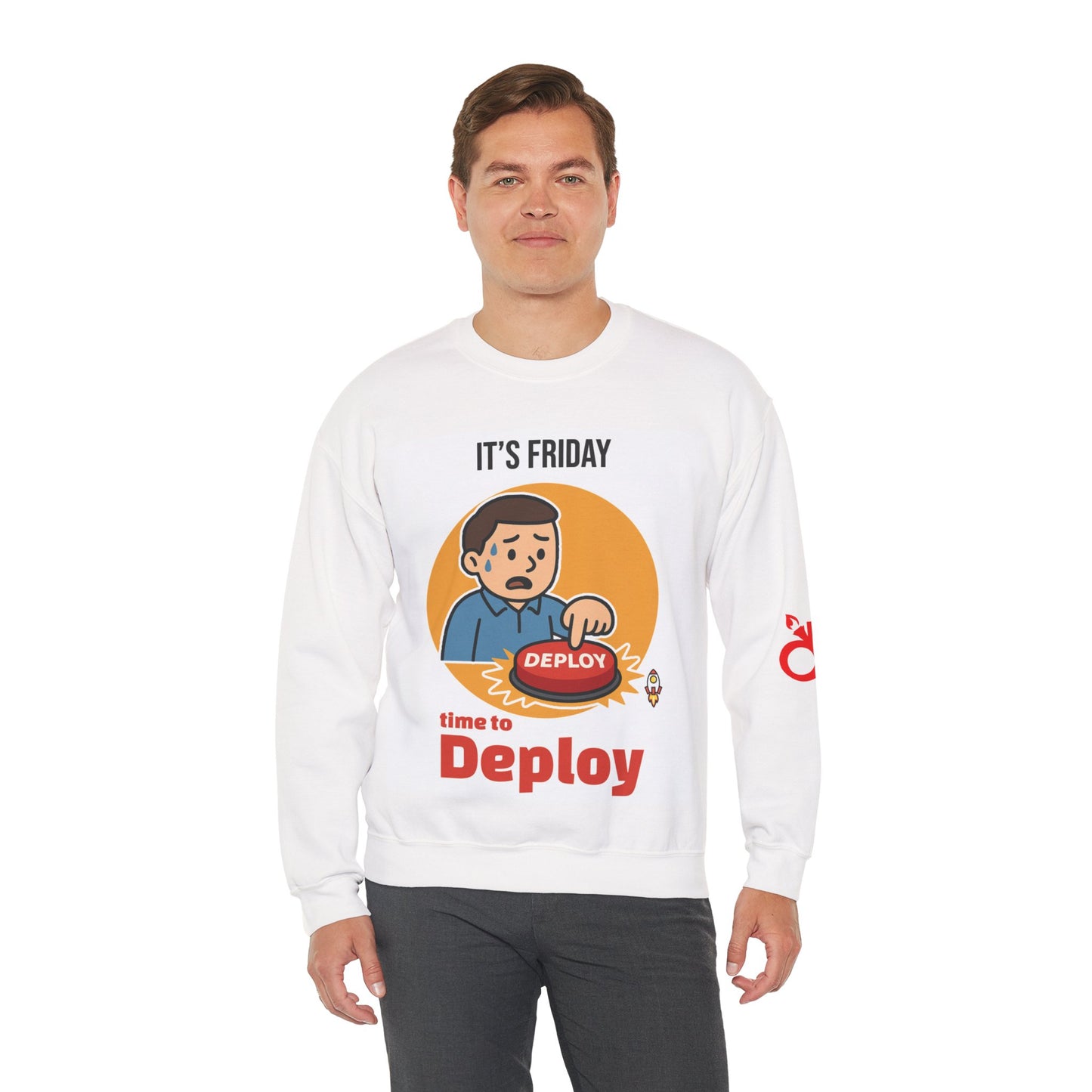Funny Friday Deployment Crewneck Sweatshirt, Unisex Sweatshirt, Gift for Programmers, Casual Wear, Tech Humor Apparel