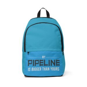 blue unisex fabric backpack with 'my pipeline is bigger than yours' design, trendy school bag, cool gift for students, functional tote [...]