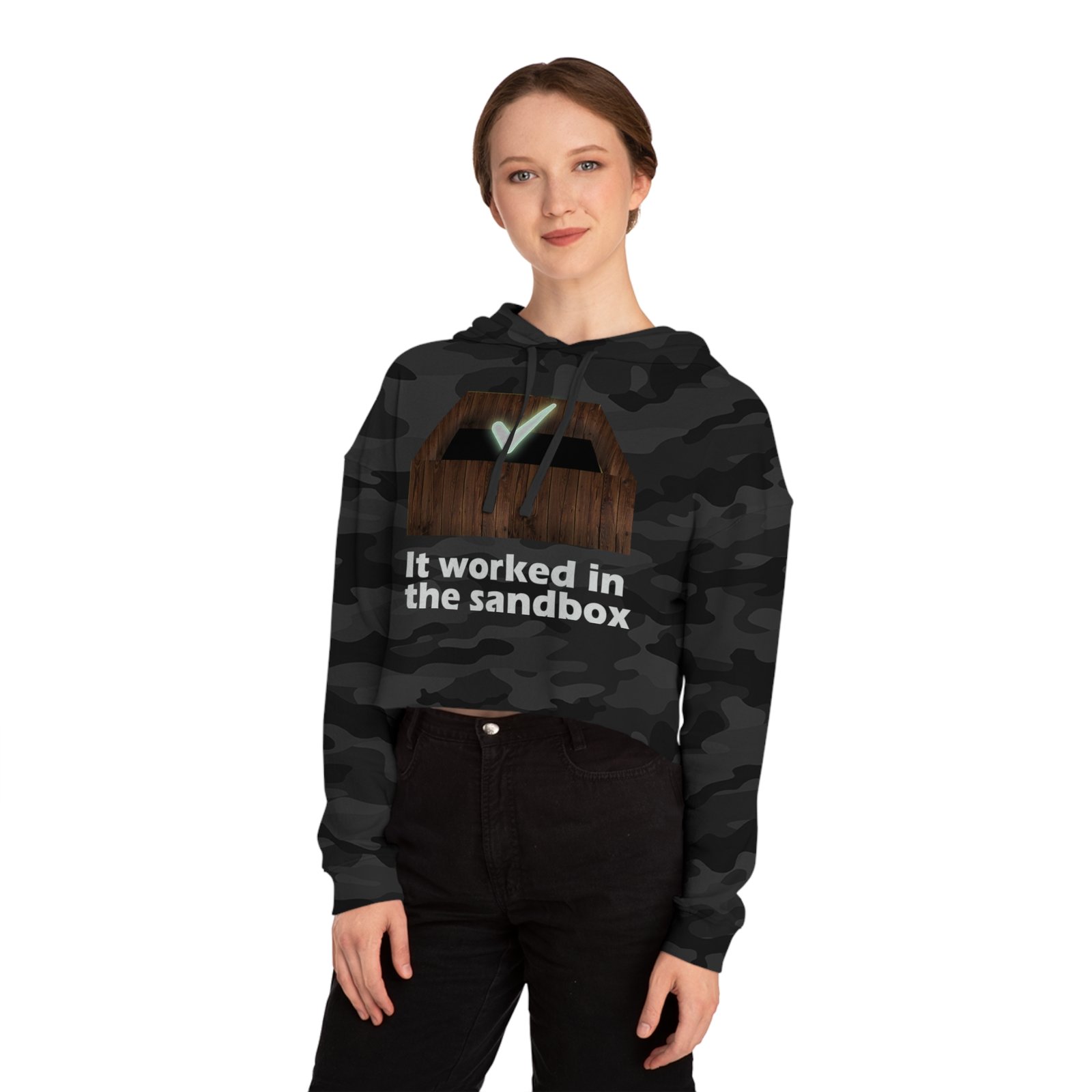 cropped hooded sweatshirt "it worked in the sandbox" trendy women's pullover cropped hooded sweatshirt "it worked in the sandbox" trendy women's pullover