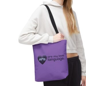 api love tote bag — "apis are my love language." purple tech shopper